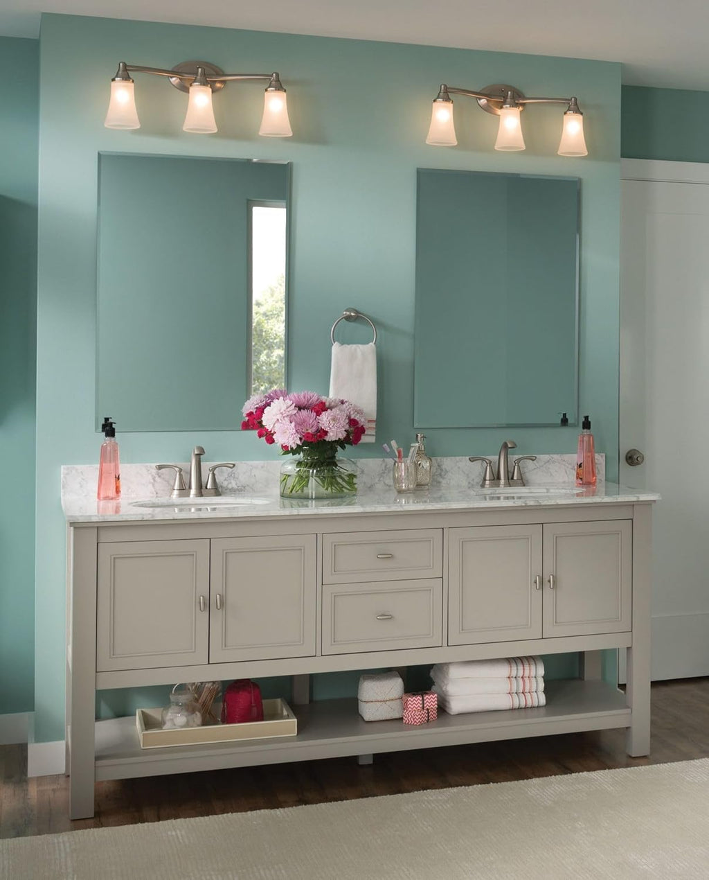 Moen Eva Brushed Nickel 3-Light Dual-Mount Bathroom Vanity Fixture, Bath Lighting with Frosted Glass, YB2863BN