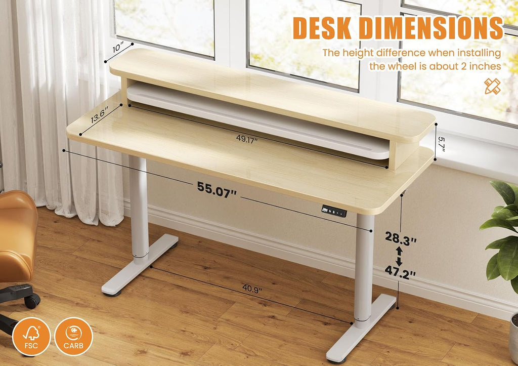 Flycity Electric Standing Desk with Dual Monitor Stand, Height Adjustable Desk Sit Stand Desk with Memory Controller, Casters & 2 Hooks, Low Noise Home Office Desk (Maple, 55' x 24')