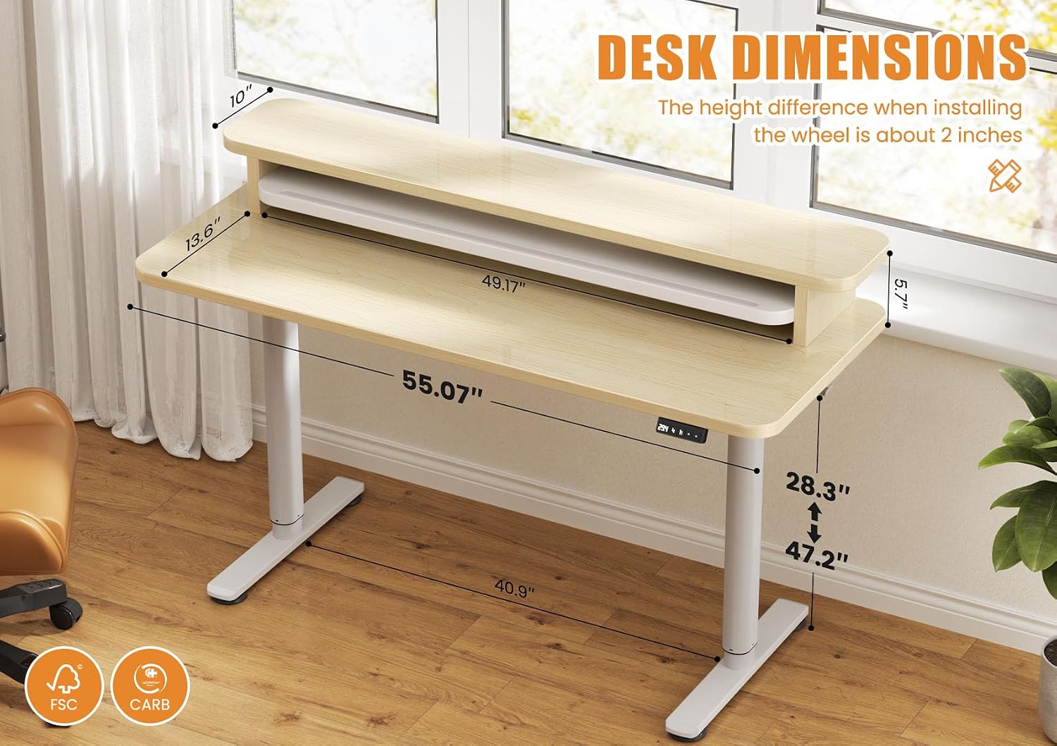 Flycity Electric Standing Desk with Dual Monitor Stand, Height Adjustable Desk Sit Stand Desk with Memory Controller, Casters & 2 Hooks, Low Noise Home Office Desk (Maple, 55' x 24')