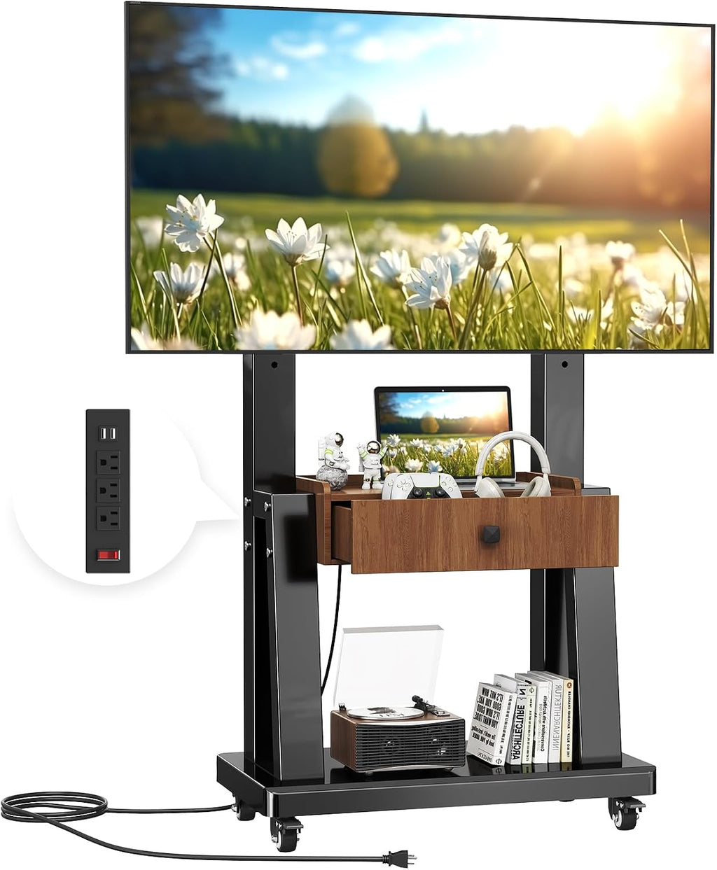 Rolling TV Cart with Power Outlet, Mobile TV Stand with Drawer and Wheels, Height Adjustable Mobile TV Cart for 23-75 inch,Screen Up to 150lbs,TV Stand for Bedroom,Indoor