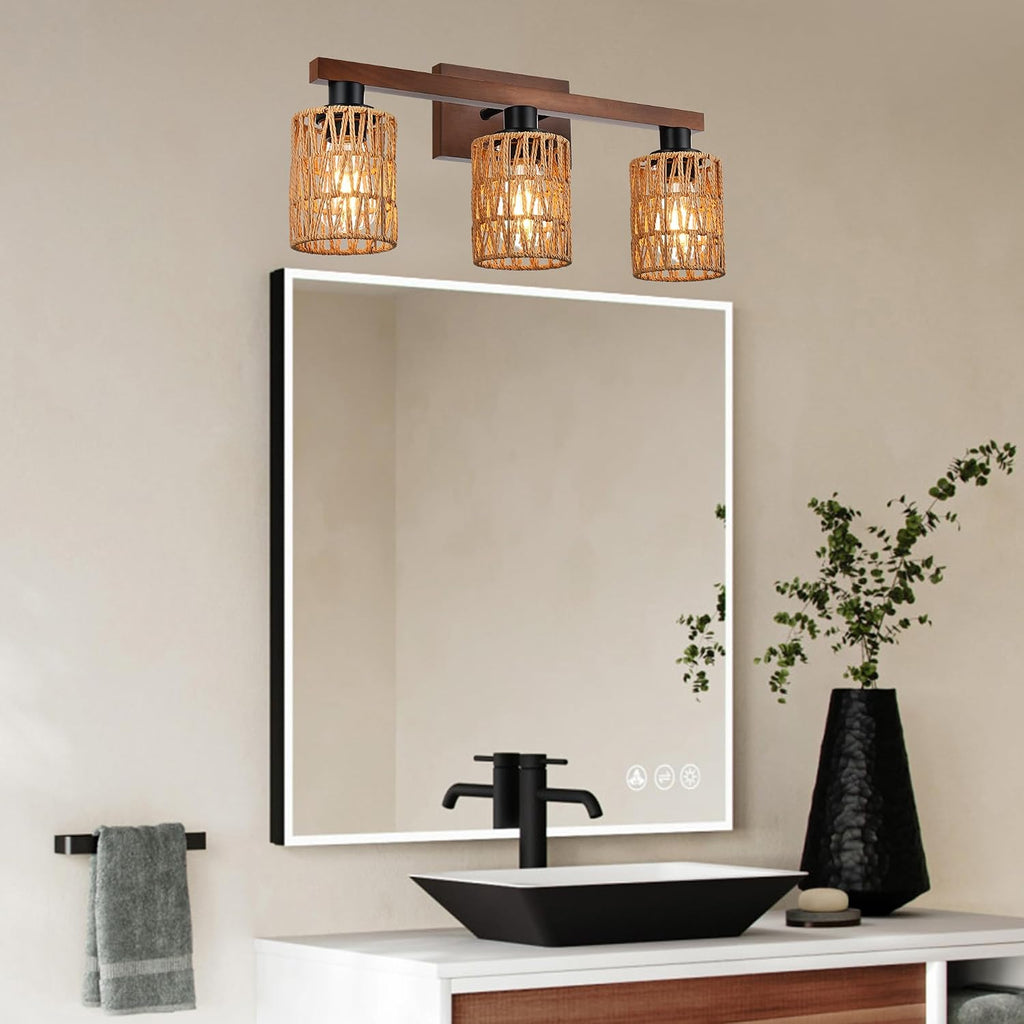 MELUCEE 21 Inches Farmhouse Vanity Light Fixture with Rattan Lampshade, 3-Light Bathroom Wood Wall Light Over Mirror Rustic Vintage Wall Sconce Lighting for Bathroom Kitchen Hallway