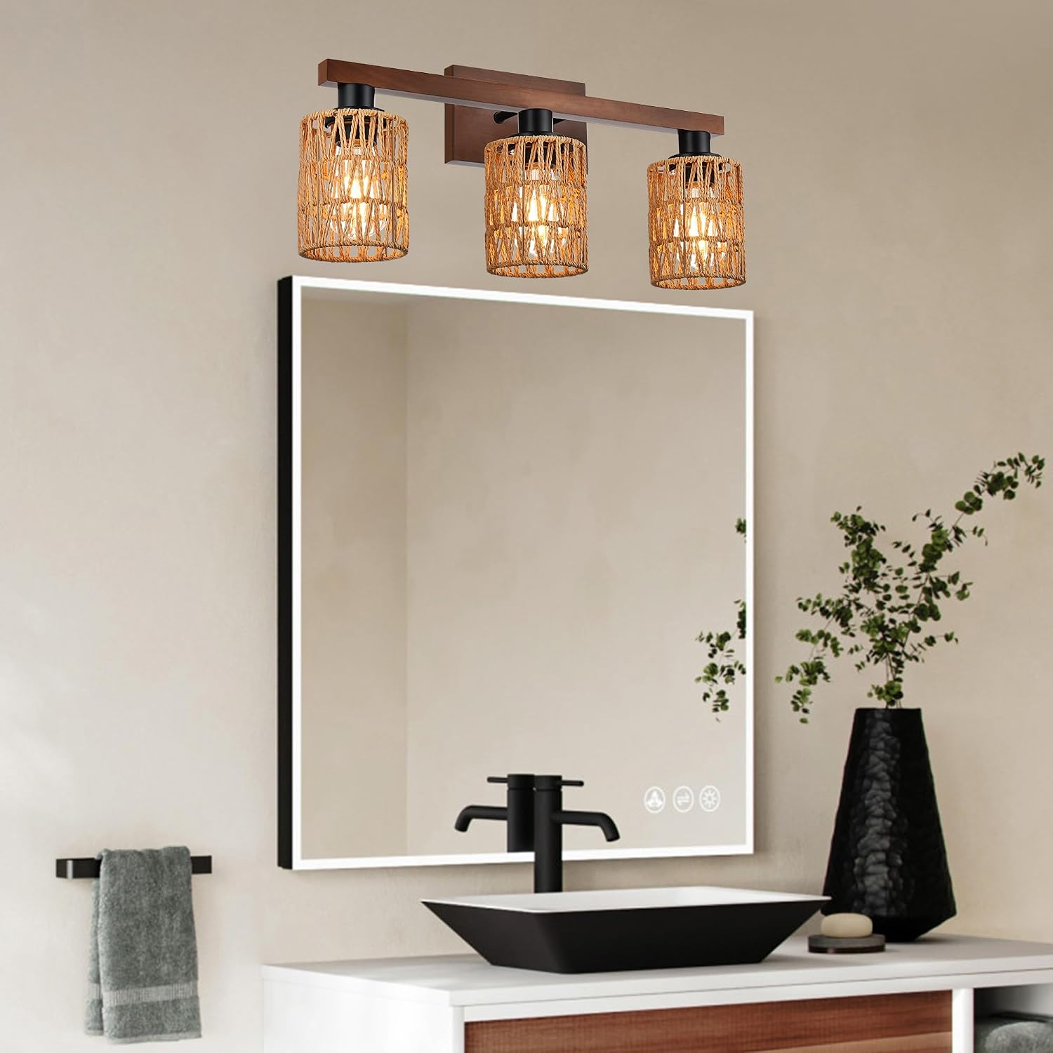 MELUCEE 21 Inches Farmhouse Vanity Light Fixture with Rattan Lampshade, 3-Light Bathroom Wood Wall Light Over Mirror Rustic Vintage Wall Sconce Lighting for Bathroom Kitchen Hallway