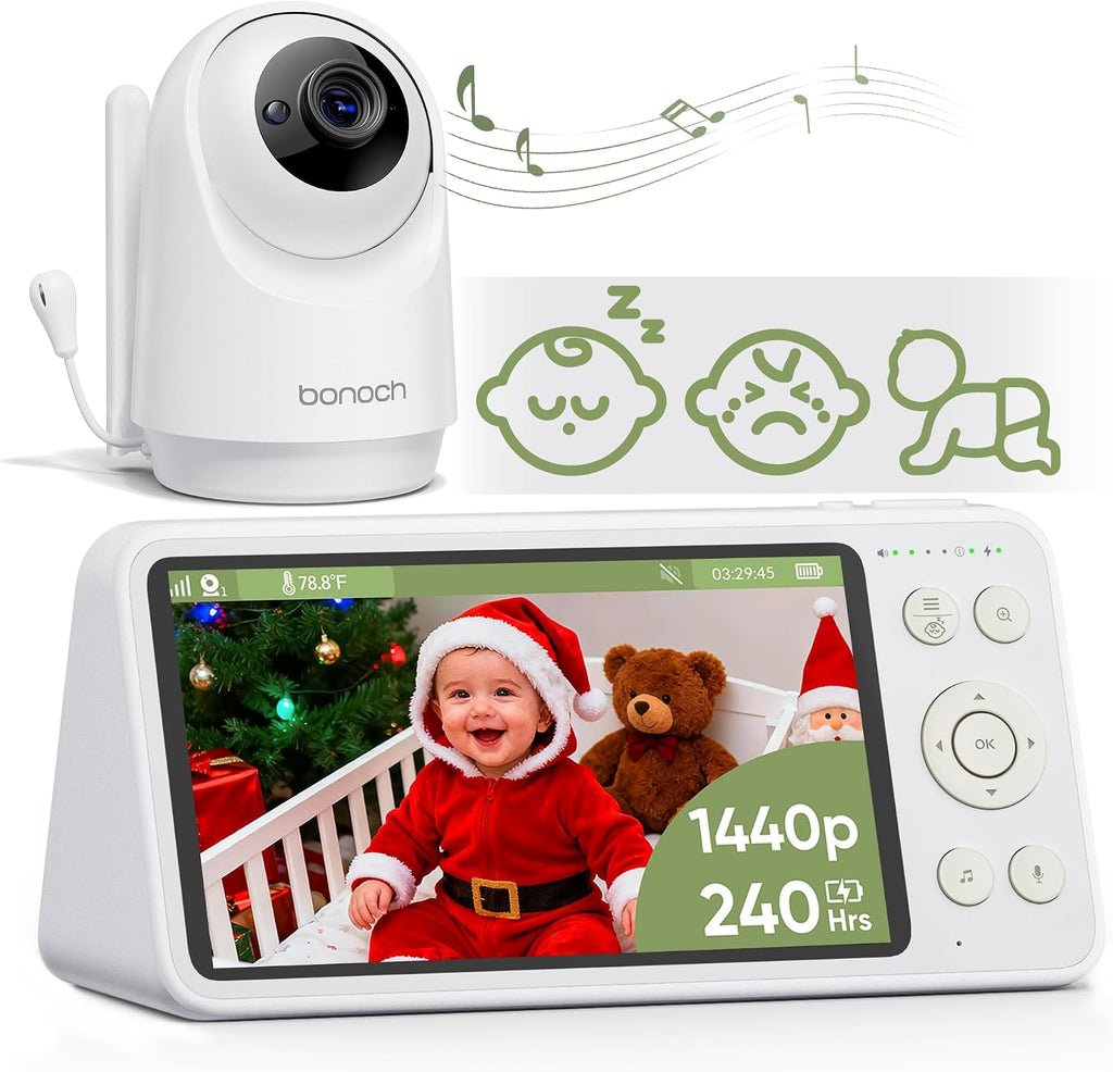 bonoch 5.5' 1440p Baby Monitor with Camera and Audio with Wall Mount, No WiFi Baby Camera, 240h Lasting, Smart Detect Sleep Turn Over/Cry/Motion, 7800mAh, Hack Proof Video Monitor, White Noise