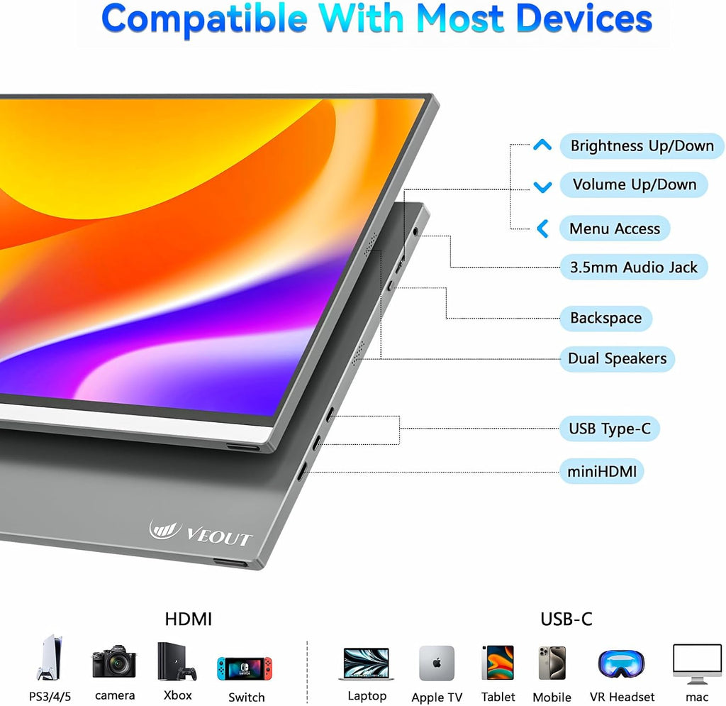 Veout 16-inch 2.5K 144Hz Portable Gaming Monitor in 4 Colors, IPS with FreeSync, USB-C & Mini HDMI for Laptop/Mac/PS5/Xbox/Switch - Travel Second Screen V1Pro(Silver)