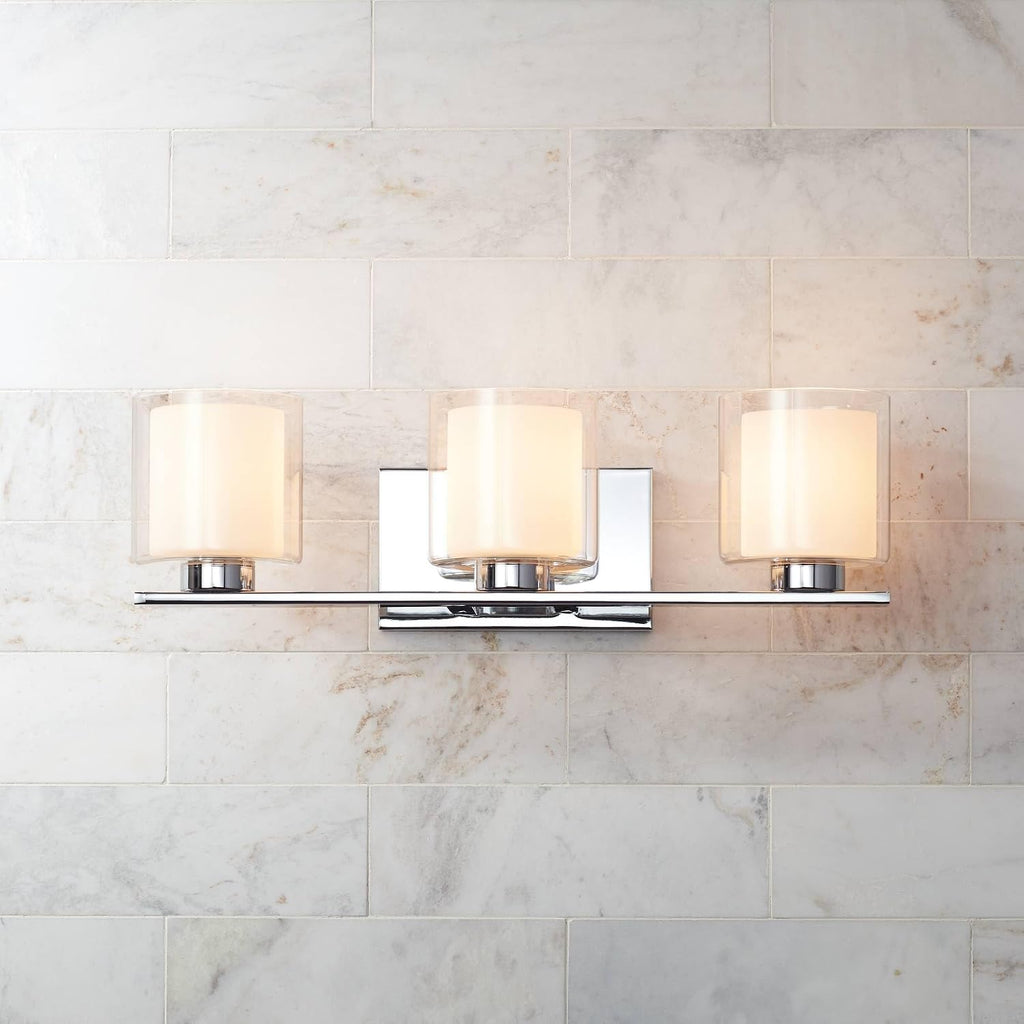 Possini Euro Design Dorris Modern Wall Mount Light Chrome Silver Hardwired 22' Wide 3-Light Fixture Clear Outer Opal Inner Glass Shade for Bedroom Bathroom Vanity Reading Living Room Hallway