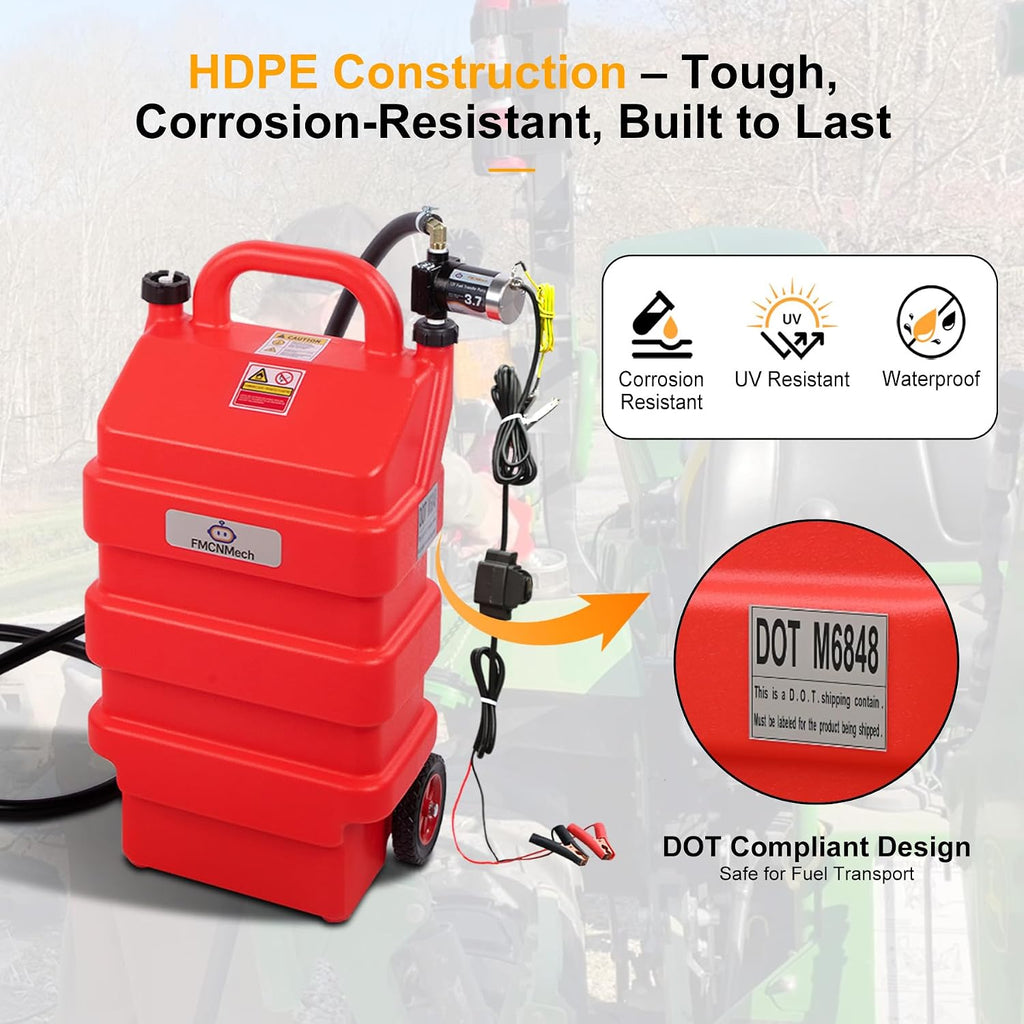 FMCNMech 16 Gallon Portable Fuel Caddy with 12V Electric Pump, Forward & Reverse Fuel Transfer Tank for Gasoline, Diesel, and Kerosene, HDPE Fuel Tank with Wheels for Pickup Trucks, Lawn Mowers, Tractors, ATVs, and Garage Use