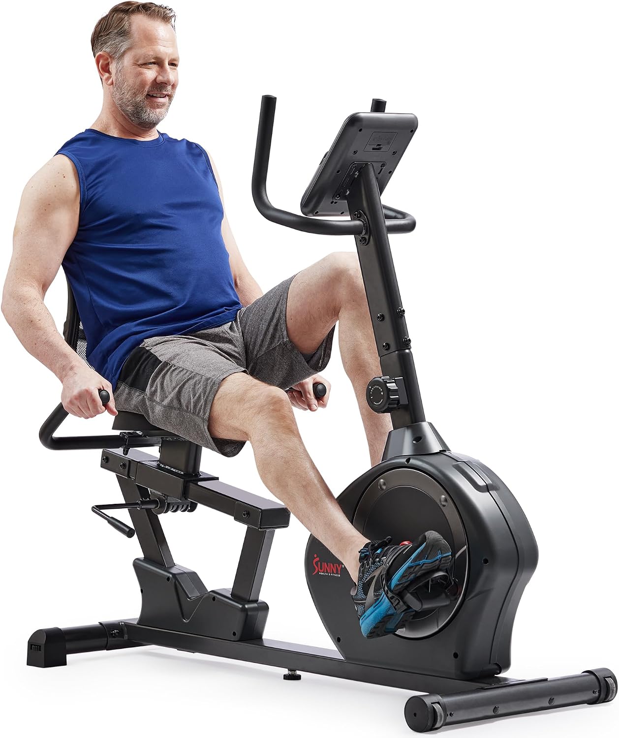 Sunny Health & Fitness Smart Recumbent Bike, Wide Cushioned Seat & Back, Indoor Cycling Machine for Adult/Seniors Home Exercise, Free SunnyFit App Connection