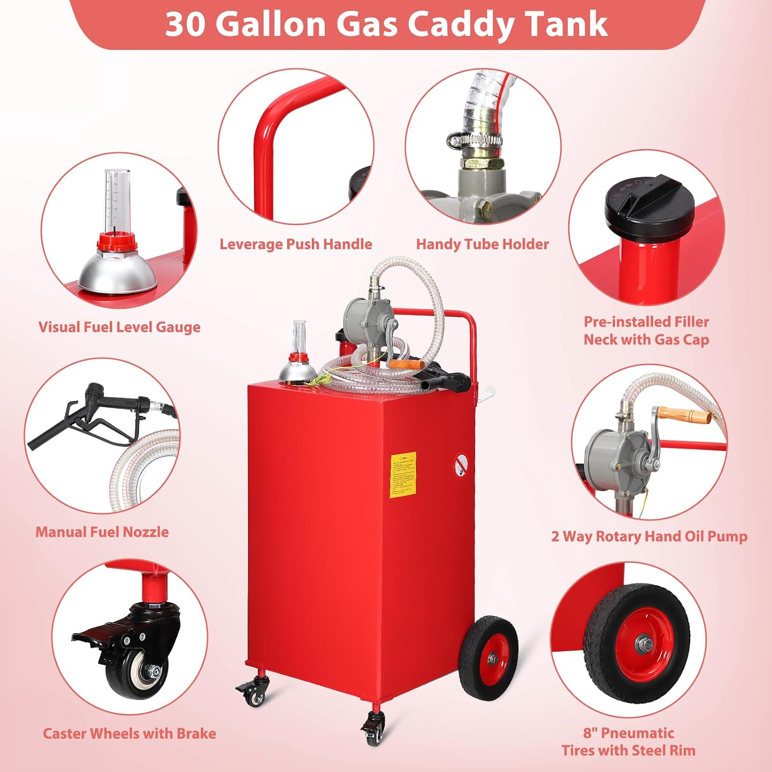 30 Gallon Portable Fuel Caddy with Manual Pump – Heavy Duty 4 Wheel Fuel Tank for Gasoline & Diesel, Mobile Fuel Storage for Trucks, Boats, Lawn Mowers & Farms – Red