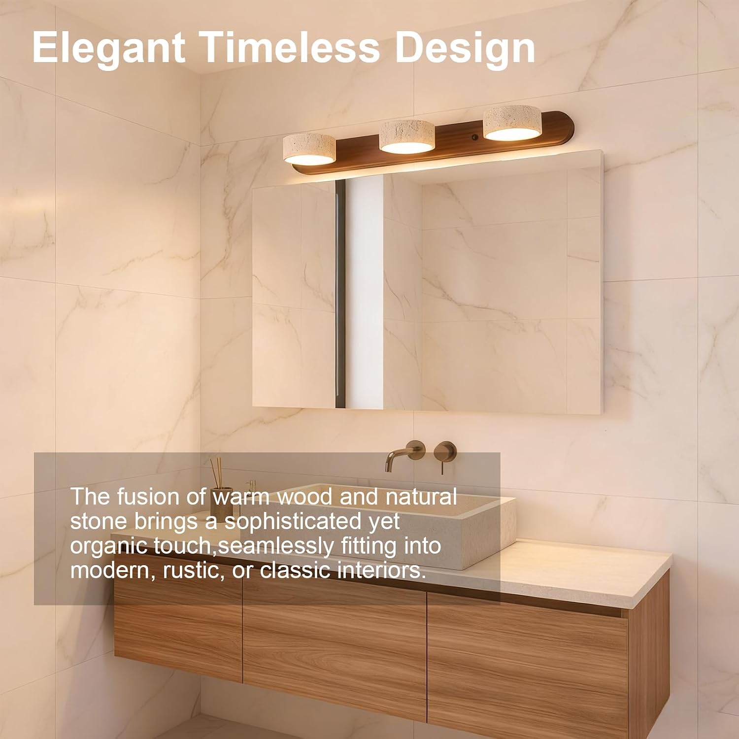 LED Natural Stone Vanity Light with 3 Travertine Stone Shades, Bathroom Vanity Light Fixture, 360° Rotatable Stone Lampshades, Modern Rustic Wall Lamp for Bedroom, Living Room, Hallway (Walnut Wood)