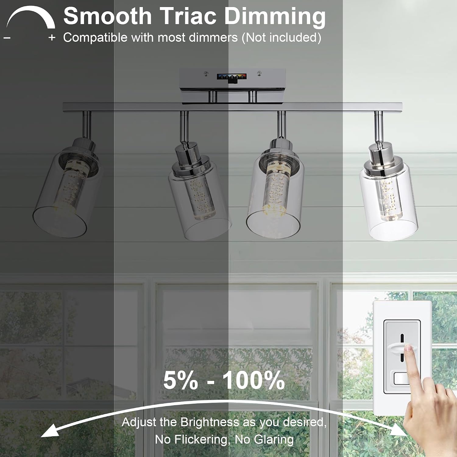 MELUCEE 5-Color Dimmbale Track Lighting Fixtures Ceiling 4-Light LED Track Lighting Kit Chrome Rotatable Spotlight Ceiling Mount Bathroom Wall Sconces, Kitchen Tracking Lights, Clear Glass Shade