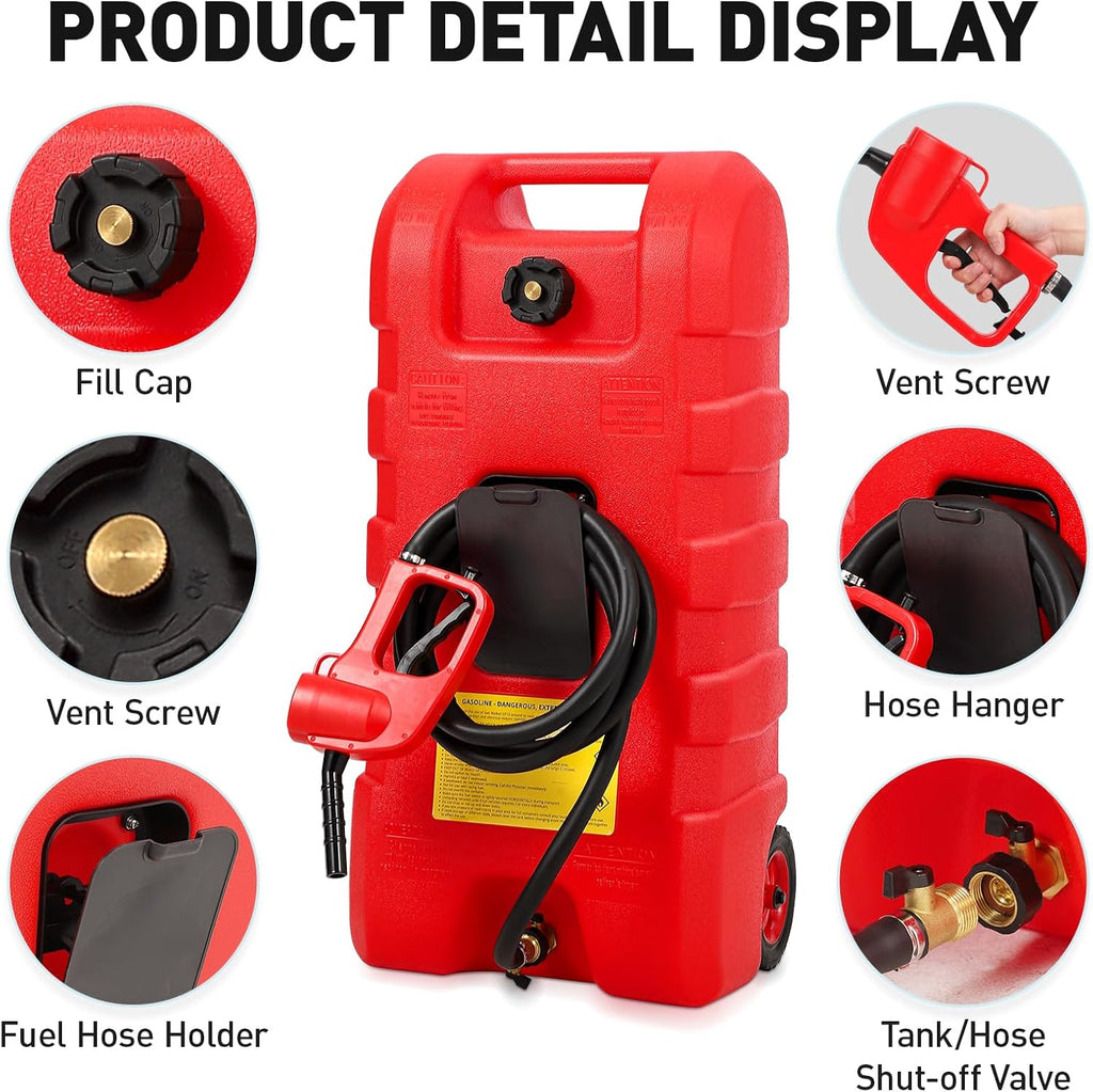 15 Gallon Fuel Tank, Gas Can Portable Container with LE Fluid Transfer Siphon Pump & 10ft Delivery Hose, Diesel Storage Caddy On-Wheels for Cars, Lawn Mowers, ATVs, Boats, etc., Red