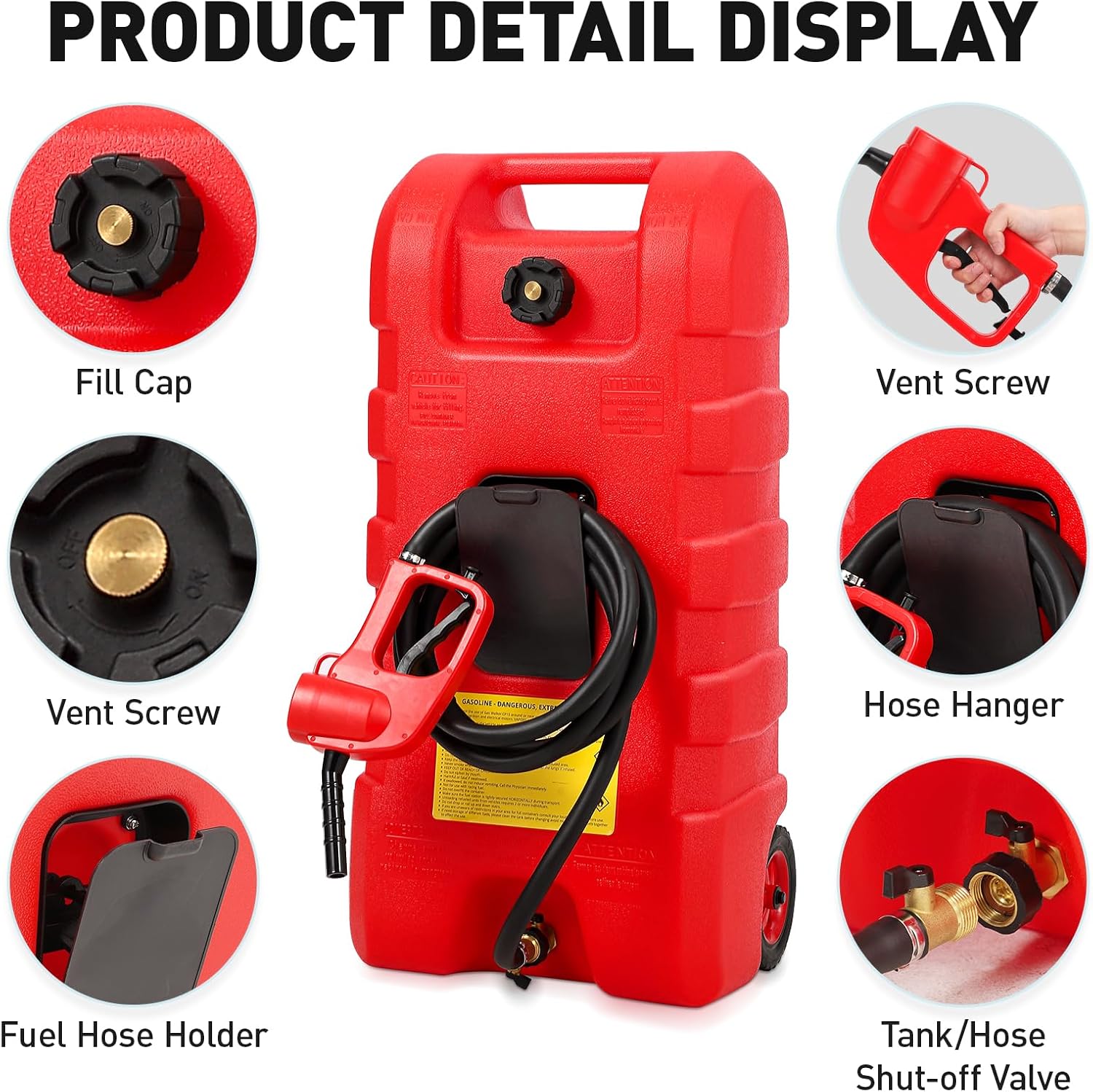 15 Gallon Fuel Tank, Gas Can Portable Container with LE Fluid Transfer Siphon Pump & 10ft Delivery Hose, Diesel Storage Caddy On-Wheels for Cars, Lawn Mowers, ATVs, Boats, etc., Red