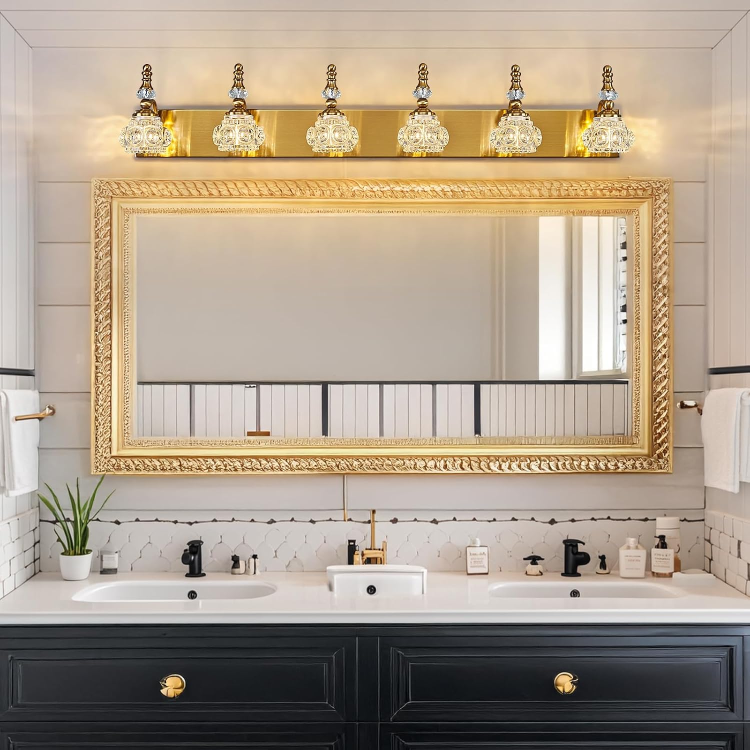 Modern Glass Crystal Vanity Light - Vintage Bathroom Lighting Fixtures Over Mirror 6 Light Vanity Lights G9 Bulb (43.3 Inch, Gold)