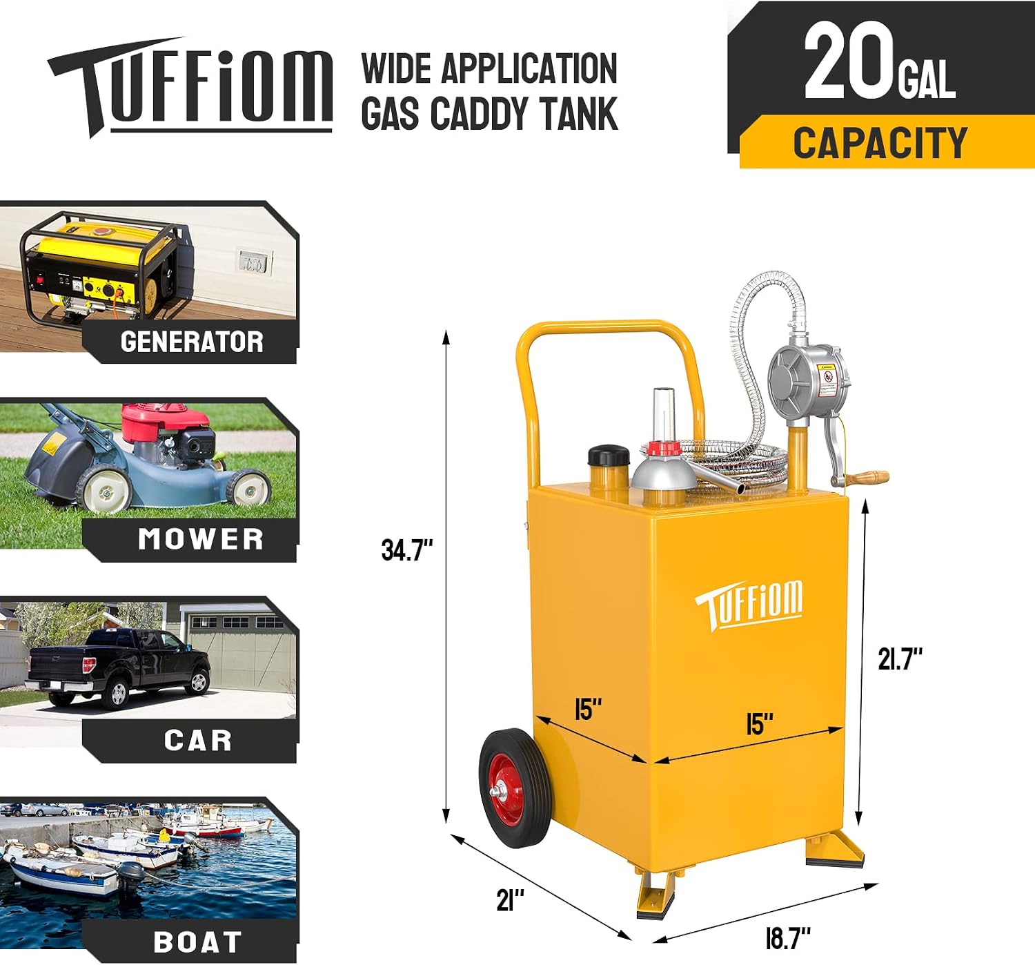 TUFFIOM 20 Gallon Fuel Gas Caddy w/Wheels & Manual Siphon Pump, Portable Diesel Fuel Transfer Storage Tank w/8.9ft Hose, Gasoline Can Container for ATV Car Mowers Tractor Boat Motorcycle