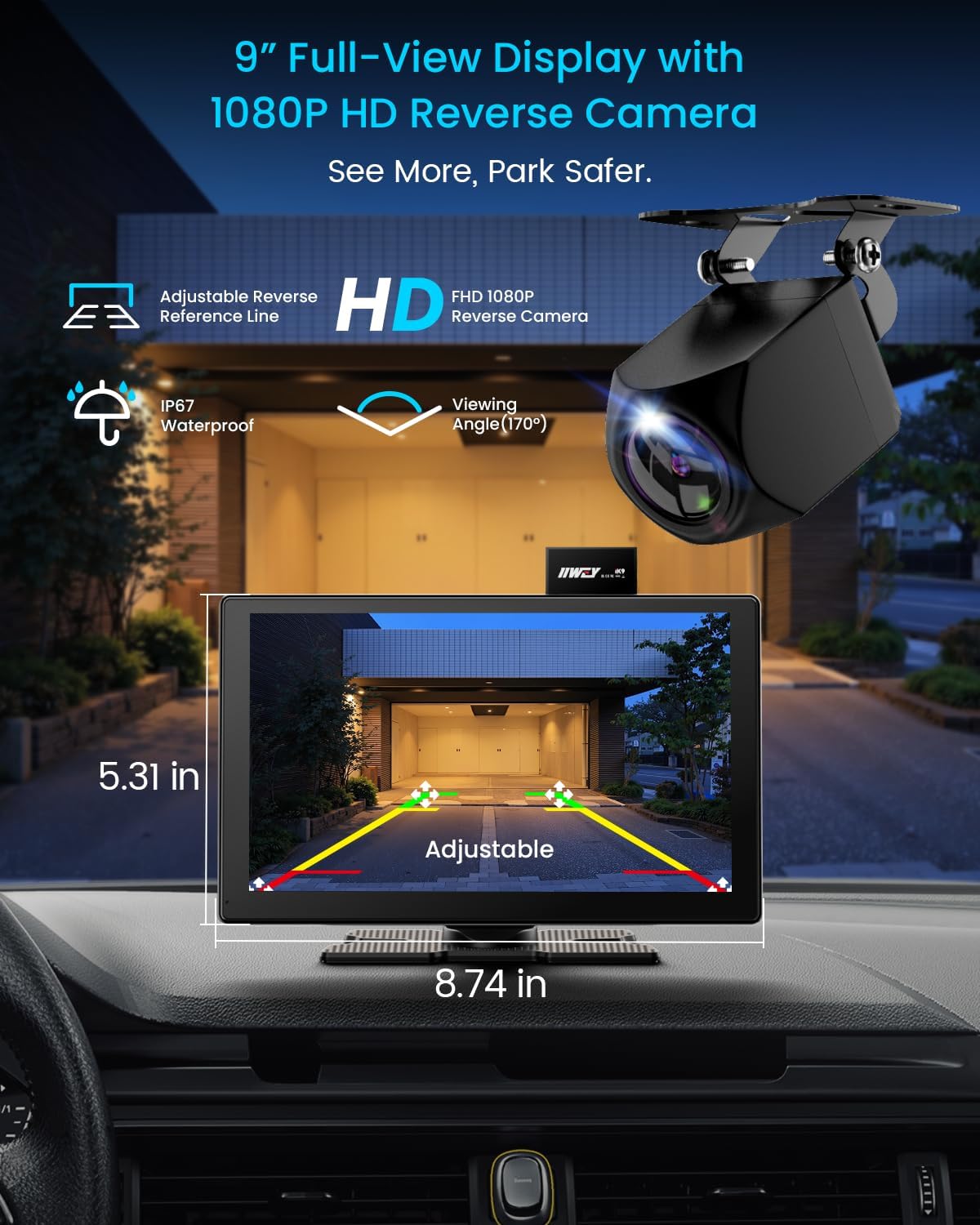 IK9 9' Wireless CarPlay & Android Auto Screen, Portable Car Stereo with 4K Dash Cam & 1080p Rear Camera, CarPlay with Backup Camera, Touch Screen GPS Display, Mirror Link, Apple Car Play Screen