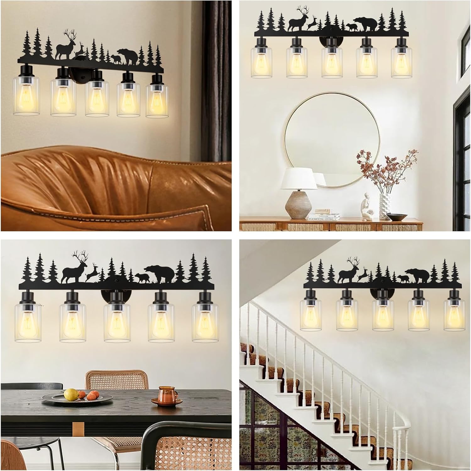 Rustic Bathroom Light Fixtures, 5-Light Farmhouse Vanity Lamp with Deer and Bear Design, Black Wall Lighting with Clear Glass Shade for Bathroom, Hallway, Kitchen, Porch