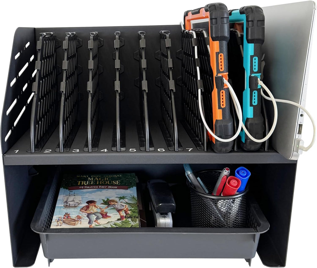 Laptop Charging Station for Classroom, Office, or Home, 10-Device Organizer with 6 AC Outlets & 4 Fast-Charging USB Ports, Fits Laptops, Tablets & E-Readers up to 1.375' Thick, 15.6'