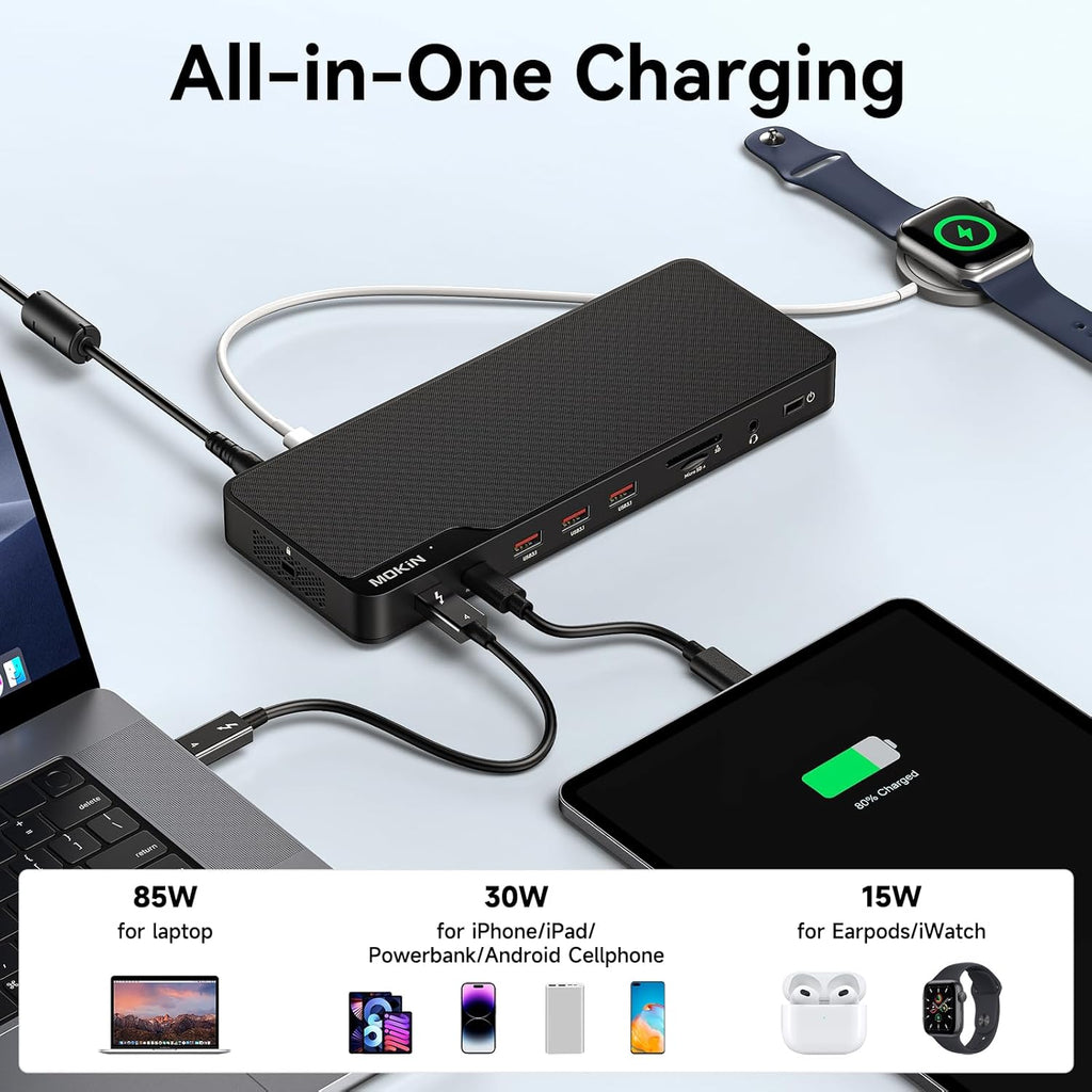MOKiN Thunderbolt 4 Dock - 16 Ports, Laptop Docking Station Dual Monitor for MacBook, Docking Station 3 Monitors for Windows with 150W DC Power,TB4 Cable,2.5 Gigabit Ethernet（Thunderbolt™ Certified）