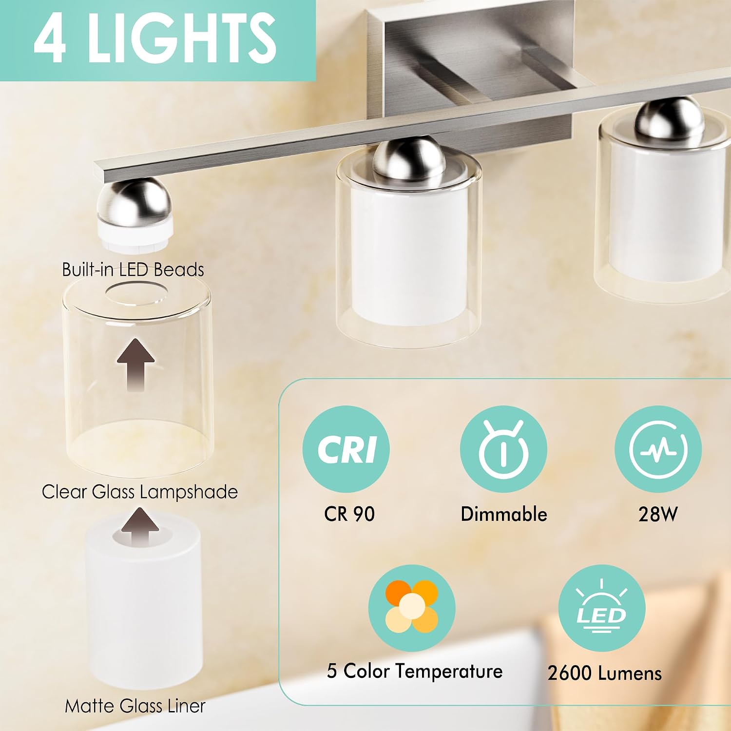 Quntis 4 Light Brushed Nickel Bathroom Light Fixtures, Modern Vanity Lights Over Mirror with 5 Colors & Stepless Dimmable, 27 Inch LED Bathroom Lighting with Milk White Frosted Glass (Bulbs Included)