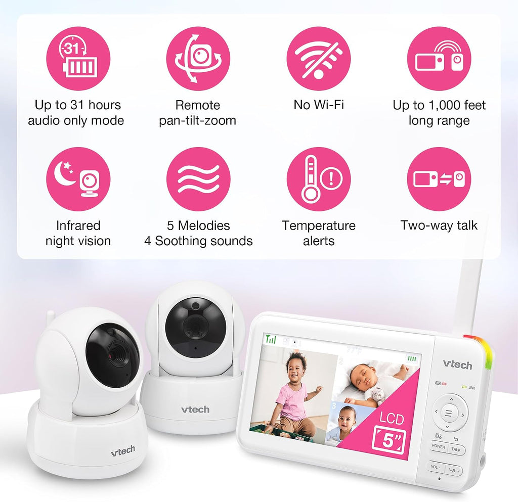 VTech 924-2W Video Baby Monitor with 2 Cameras, 5' LCD Screen, No WiFi, Pan Tilt Zoom, Up to 17Hrs Video & 31Hrs Audio Battery, 1000ft Range, Night Vision, Lullabies, Temperature Sensor, 2-Way Talk