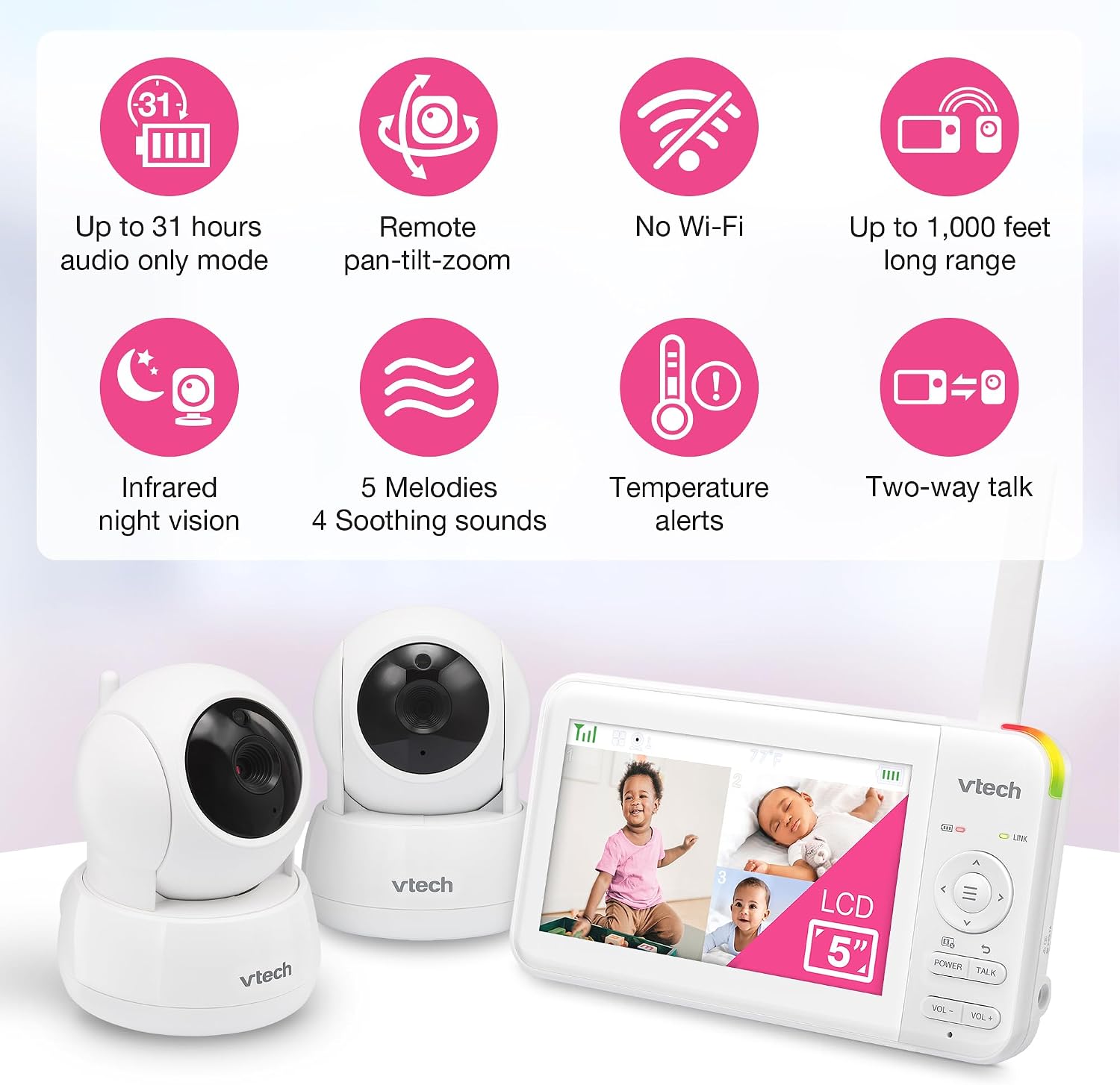 VTech 924-2W Video Baby Monitor with 2 Cameras, 5' LCD Screen, No WiFi, Pan Tilt Zoom, Up to 17Hrs Video & 31Hrs Audio Battery, 1000ft Range, Night Vision, Lullabies, Temperature Sensor, 2-Way Talk