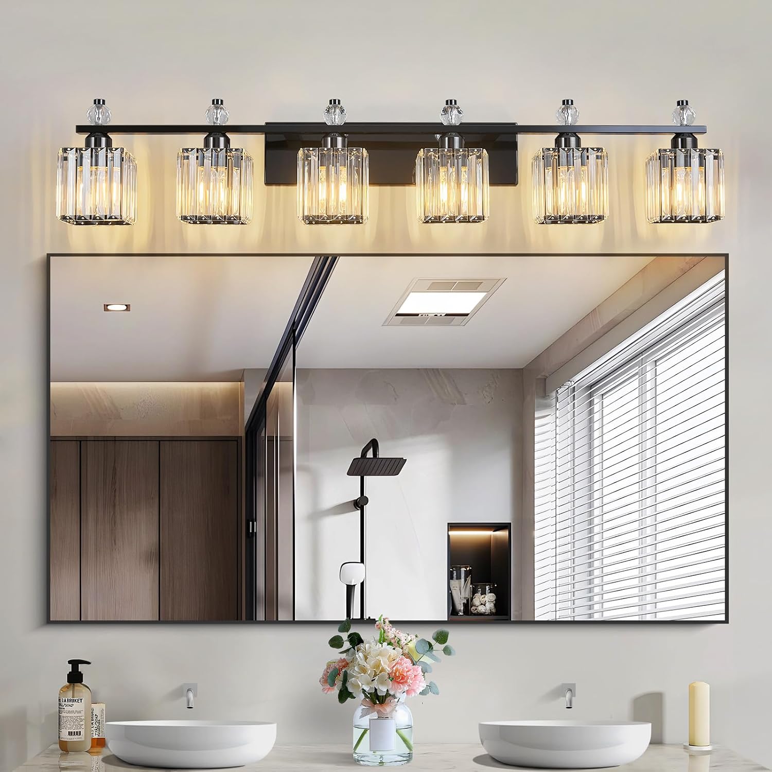 Vanity Lights 6-Light Modern Crystal Vanity Light Plating Black Bathroom Light Fixtures Over Mirror Crystal Bathroom Vanity Lighting Fixtures