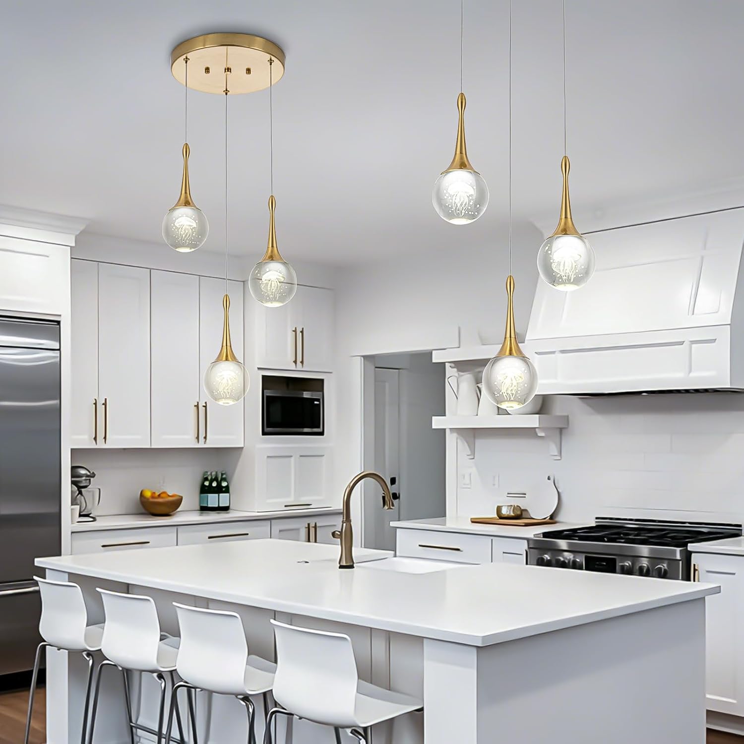 CHYING 3-Lights Pendant Lights Kitchen Island, Modern LED Dimmable Globe Crystal Jellyfish Teardrop Ceiling Pendant Lighting for Dining Room Hallway Entryway Bedroom, Gold Warm White