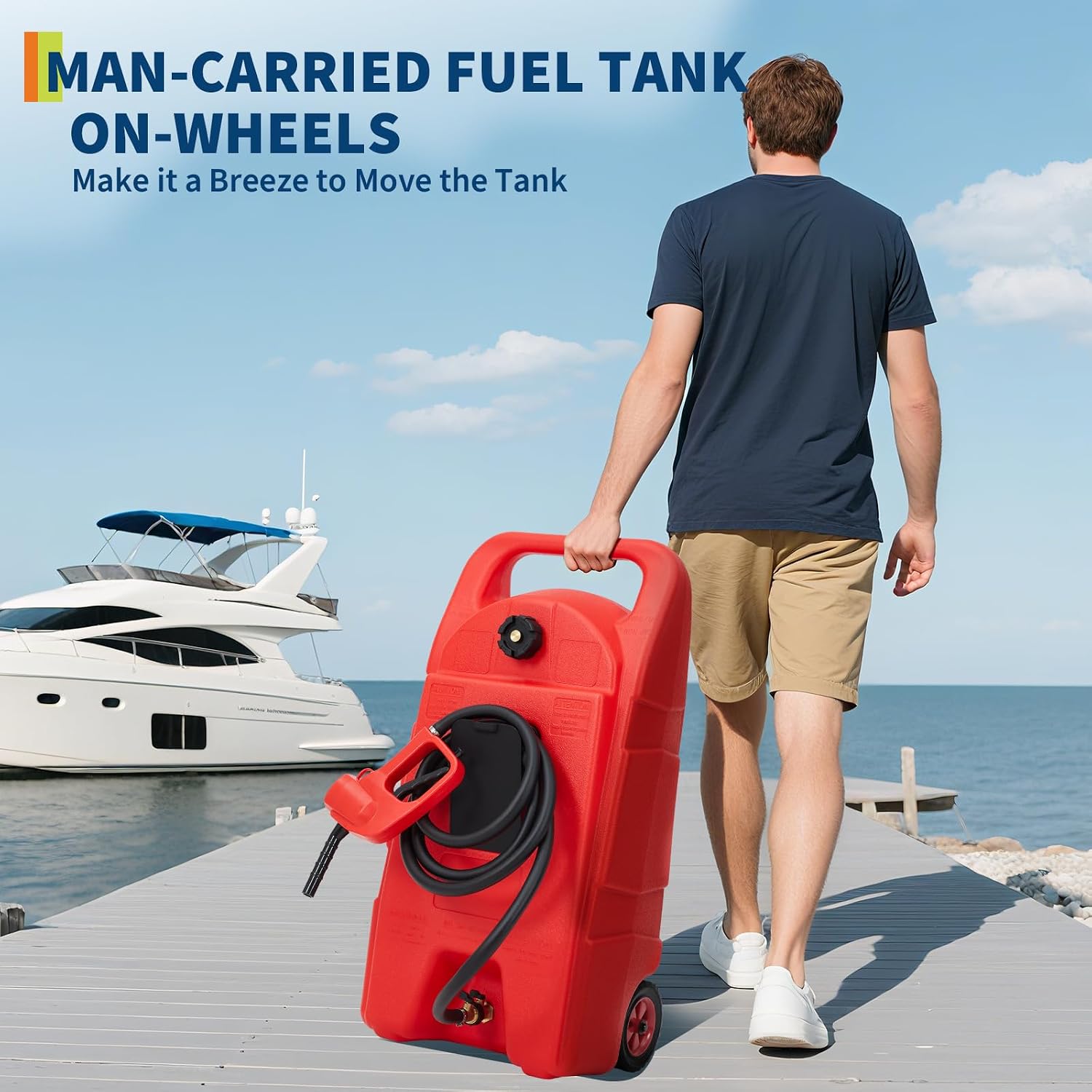 Upgraded 15 Gallon Gas Tank, Heavy-Duty Fuel Can with Manual Transfer Pump & 10FT Hose, Portable Gas Can with Casters, Leak-Proof Gas Container for Lawn Mowers, Tractor, Boat, Snow Blow