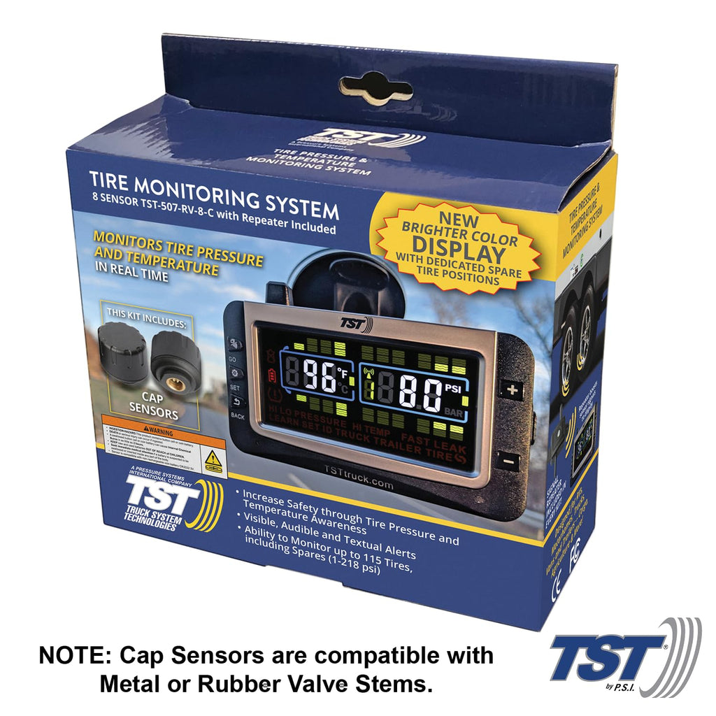 TST 507 Series TPMS - RV Tire Pressure Monitoring System with 8 Cap Sensors & Color Display Monitor for Travel Trailers, Campers and Motorhomes