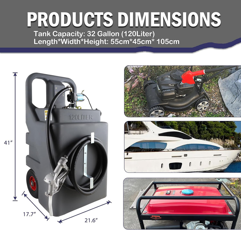 32 Gallon Diesel Gasoline Fuel Transfer Caddy Tank with 12V DC Self-Priming Fuel Transfer Pump for Cars, Motorcycles, Boats, Lawn Mowers, Snowblowers, Manual Fueling Nozzle, 3.7GPM Flow Rate