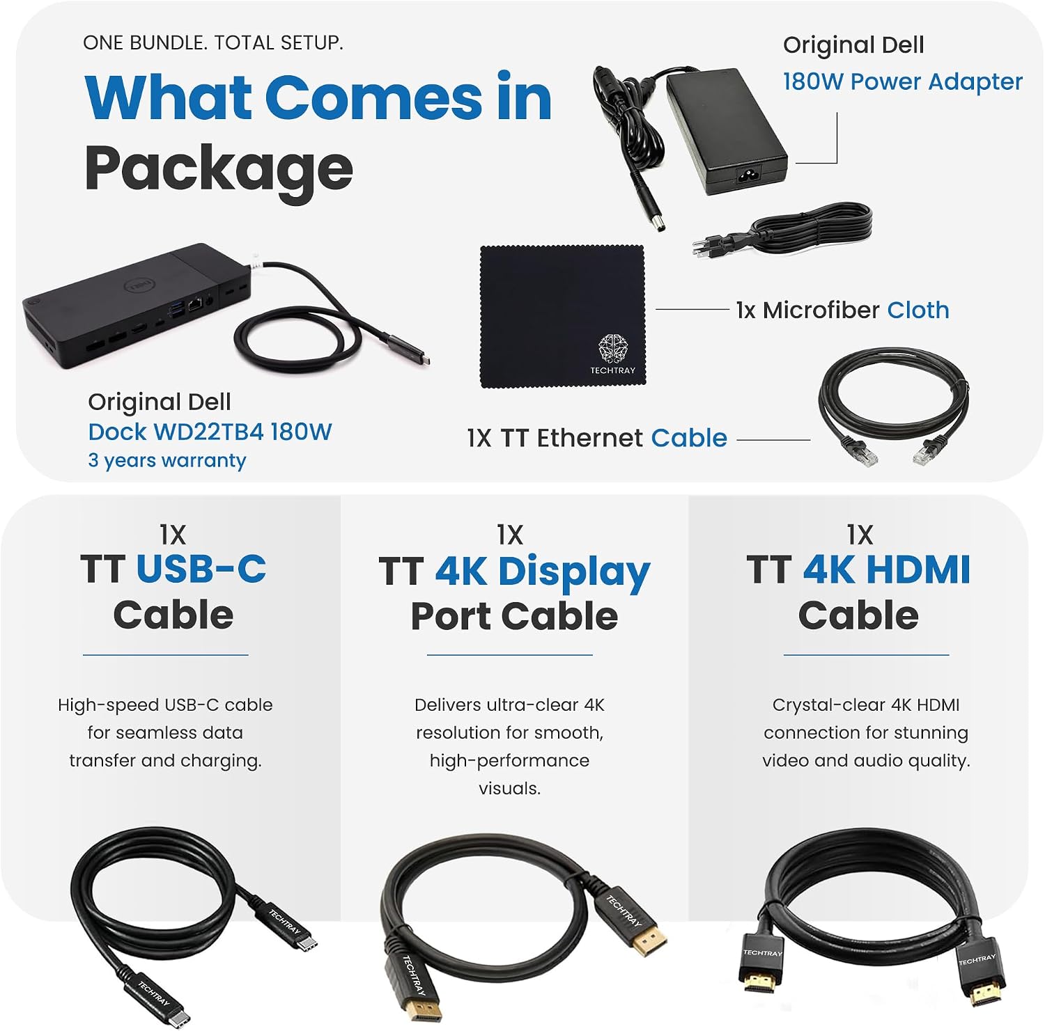 Dell WD22TB4 Thunderbolt 4 Dock 180W - 40Gbps, 3-Year Warranty, USB-C/USB-A Dell Docking Station with 180W Adapter + Techtray Cables & Cloth - Supports Dual/Triple Monitor & 4K Displays (New)