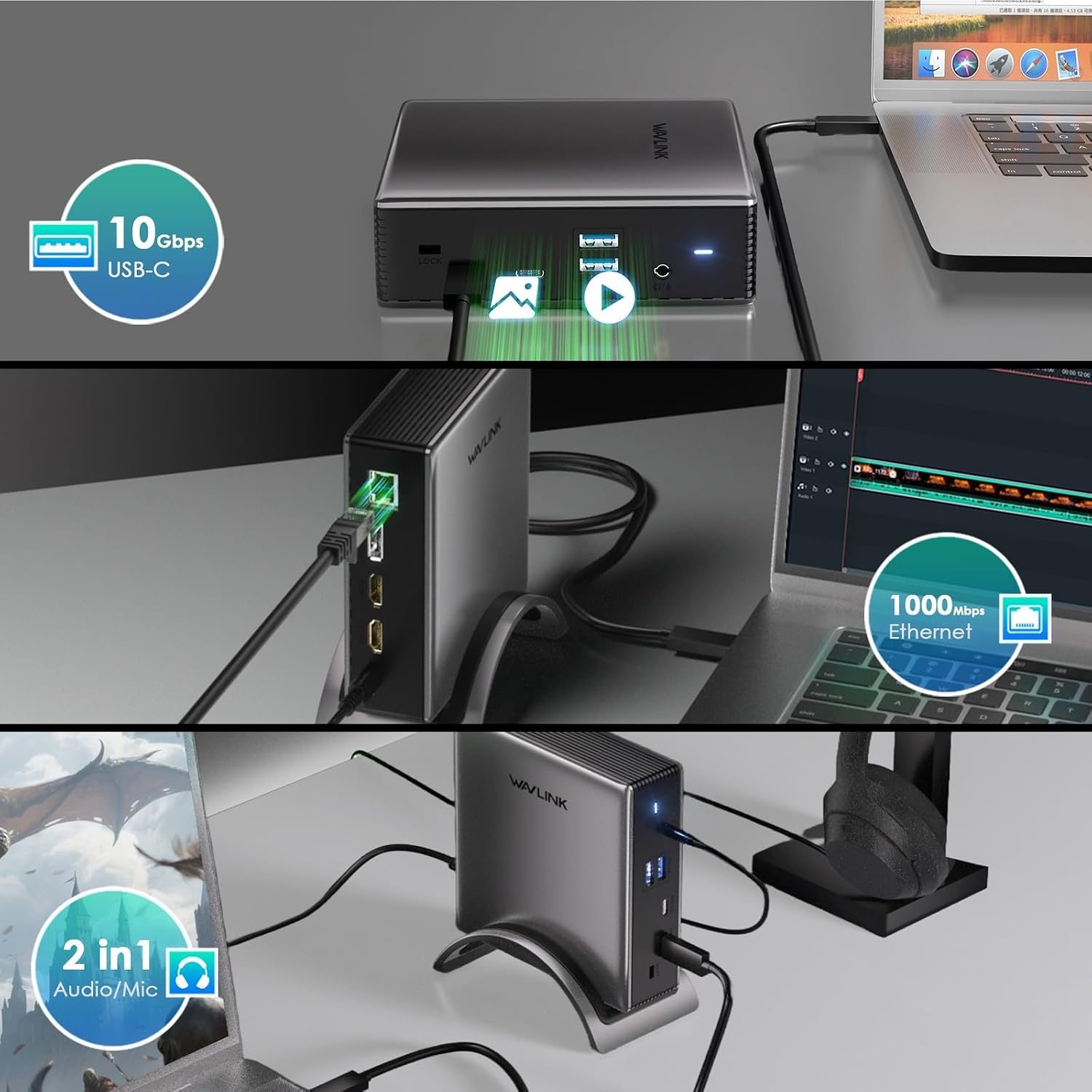 USB C Docking Station, PD3.1 Docking Station 3 Monitors with 2* DP + HDMI,Single 4K@144Hz,140W Charger, USB-C 10Gbps, 2* USB-A 5Gbps, Gigabit Ethernet, Audio/Mic, for Windows,Dell,HP,Lenovo