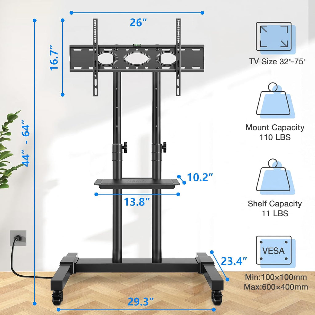 Rfiver Upgraded Mobile TV Stand on Wheels with Power Outlet, Heavy Duty Rolling TV Cart for 32-85 Inch TVs up to 132 lbs, Height Adjustable Portable Floor TV Stand for Bedroom, Home Office, Onesize