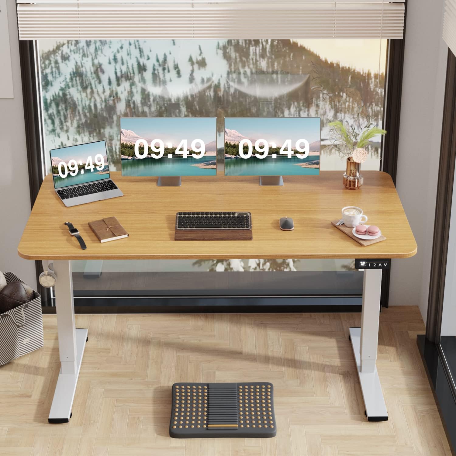 Furmax Electric Standing Desk, 45 x 24 Inches Sit Stand up Desk, Sit Stand Height Adjustable Home Office Desk with 4 Height Position Memory - with Splice Board (Brown, 45)