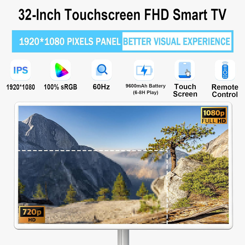 32' FHD Smart Portable TV, Rolling TV on Wheels, Android 15 OS, 6G +128GB Storage, Portable Touch Screen Monitor, 8MP Camera, Built-in Battery, Full Swivel Rotation, Voice Remote
