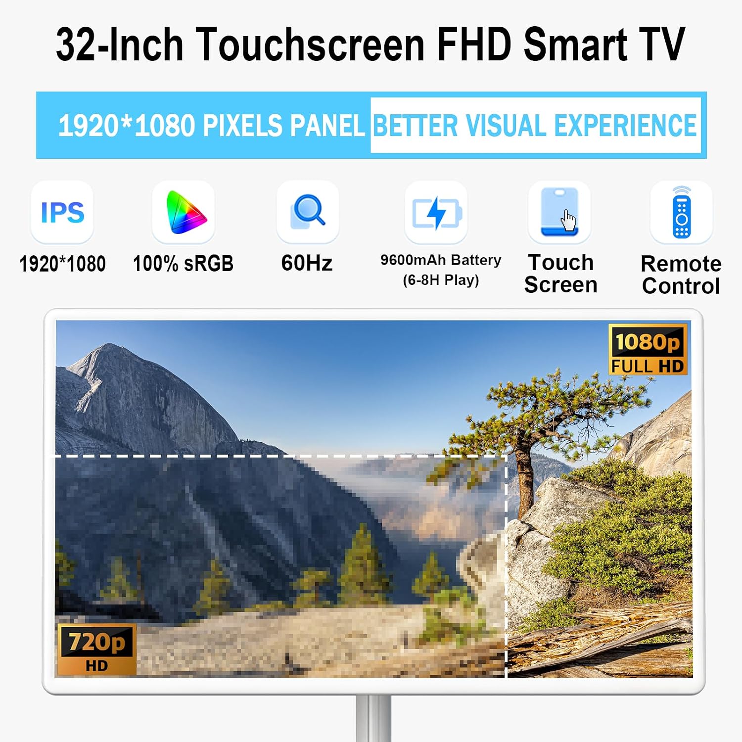 32' FHD Smart Portable TV, Rolling TV on Wheels, Android 15 OS, 6G +128GB Storage, Portable Touch Screen Monitor, 8MP Camera, Built-in Battery, Full Swivel Rotation, Voice Remote