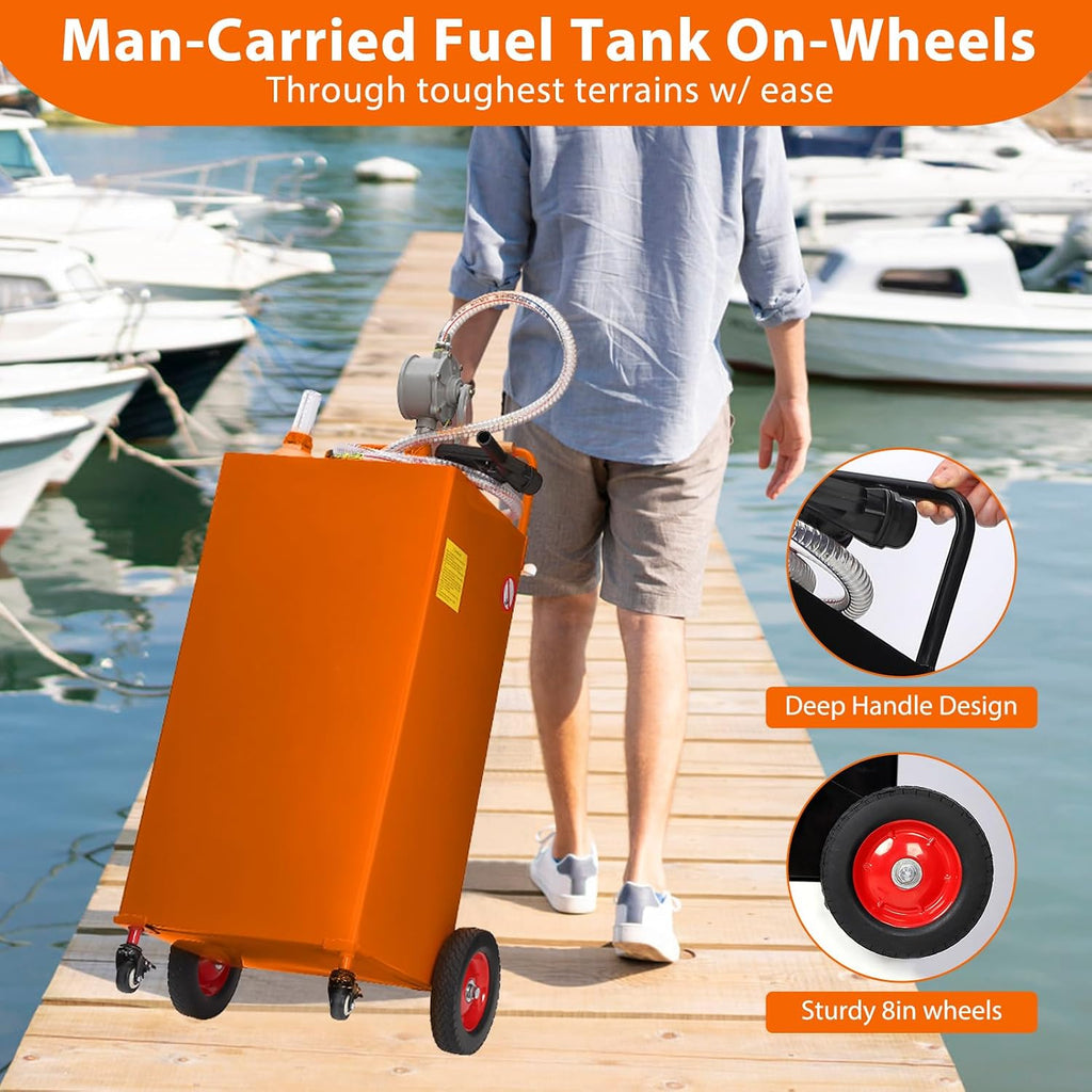 35 Gallon Fuel Caddy w/Manual Pump 4-Wheel Portable Gas & Diesel Storage Tank Heavy-Duty Steel with Hose for Lawn Mower, ATV, Boat, Farm
