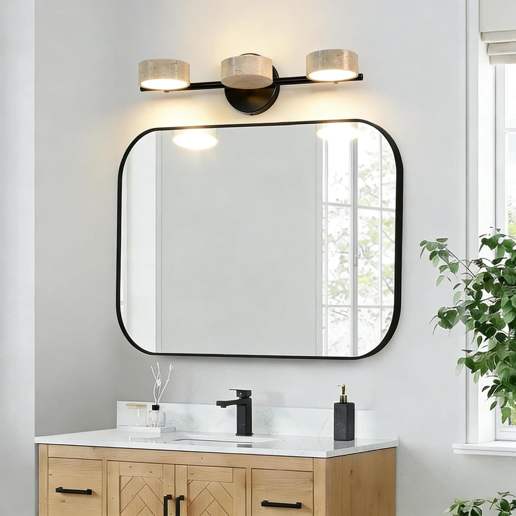 LED Mirror Light with 3 Travertine Stone Shades, Bathroom Vanity Light Fixture, 360° Rotatable Stone Lampshades, Modern Rustic Wall Lamp for Bedroom, Living Room, Hallway (Black-Metal)