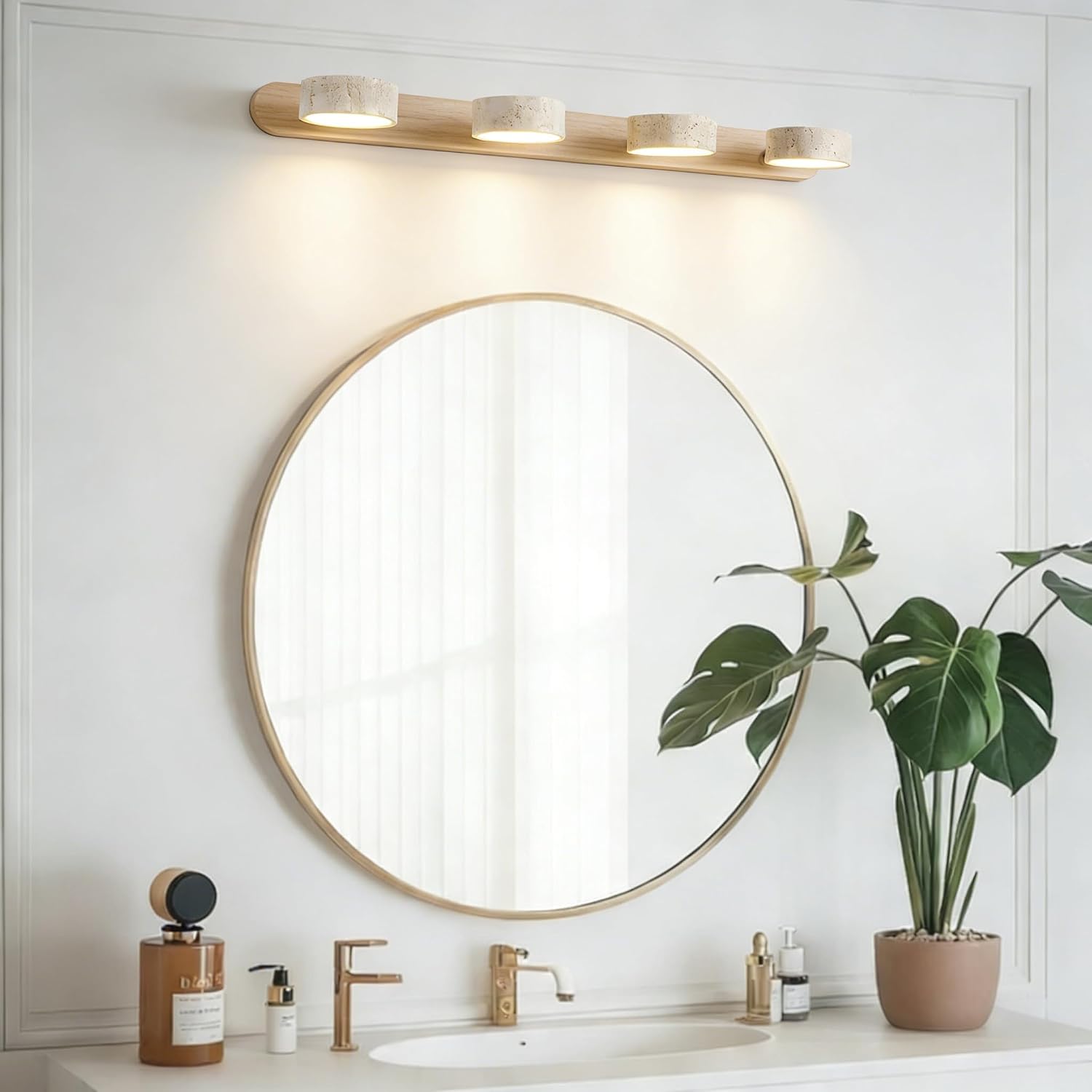 LED Bathroom Vanity Light, Travertine Stone Light Fixture, 360° Rotatable Stone Lampshades, Modern Rustic Wall Lamp for Bedroom, Living Room, Hallway (Natural Wood-4 Lights)