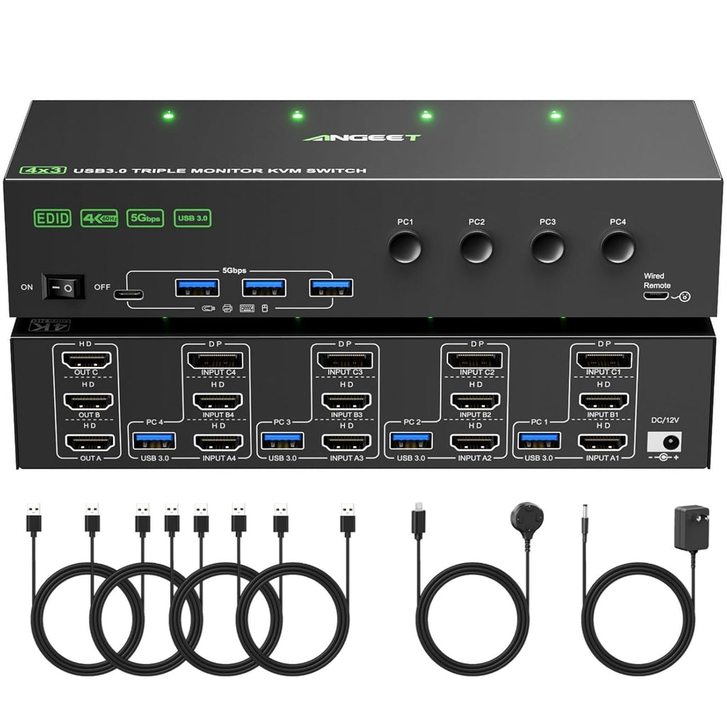 KVM Switch 3 Monitors 4 Computers 4K@60Hz,EDID Simulation,USB 3.0 HDMI Displayport KVM Switch Triple Monitor for 4 PC Share 3 Monitors and Keyboard Mouse Printer,with Wired Remote and 4 USB Cables