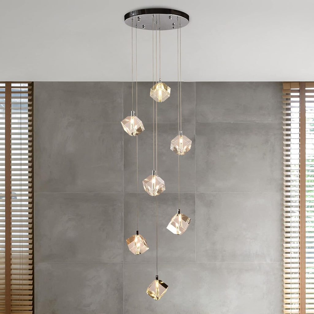 Cube Crystal Pendant Light, Cut Crystal Drops Hanging Ceiling Chandelier, Modern Raindrop Pendants Chrome Light Fixture for Kitchen Island Dining Room, 21W