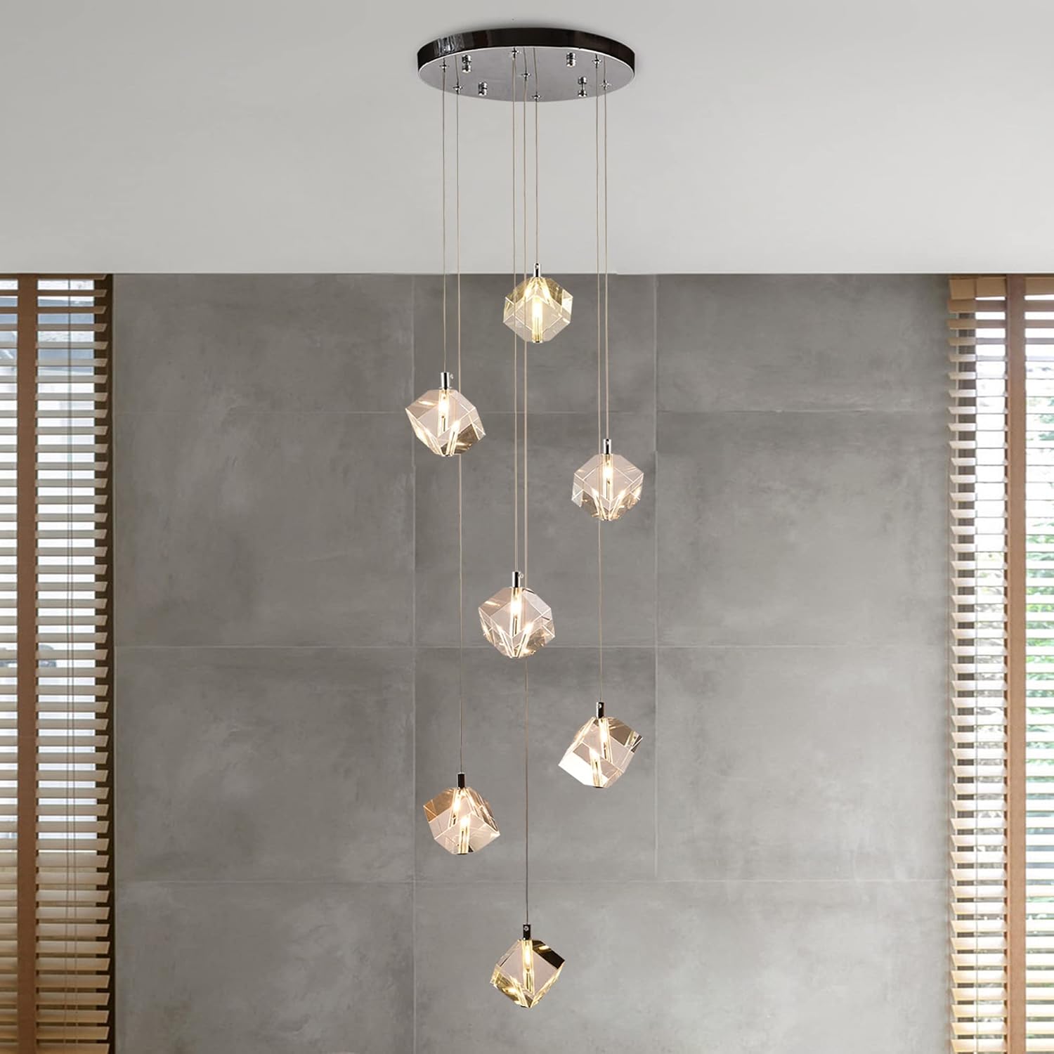 Cube Crystal Pendant Light, Cut Crystal Drops Hanging Ceiling Chandelier, Modern Raindrop Pendants Chrome Light Fixture for Kitchen Island Dining Room, 21W