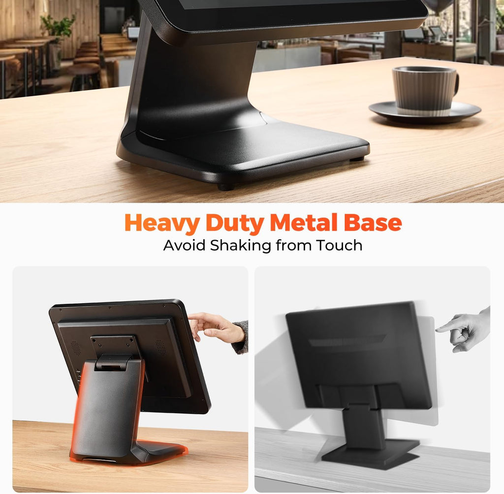 MUNBYN 15-inch POS Touch Screen Monitor, True Flat Seamless POS Monitor, Heavy-Duty Metal Stand, HDMI/VGA Capacitive Screen Display for Retail Restaurant, Bar, No Driver Required, 2Y Protection