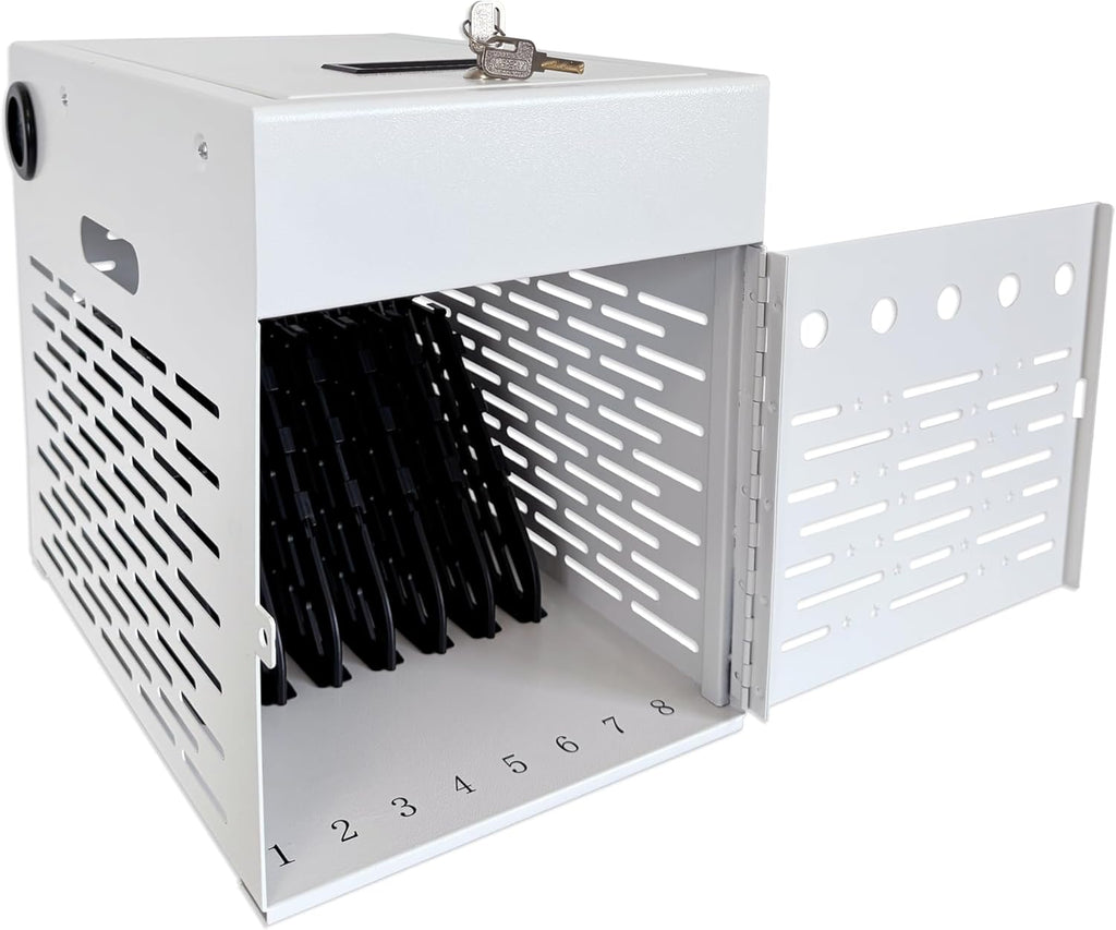 8-Device Tablet & Laptop Charging Station, Lockable Steel Charging Cabinet for Chromebooks, iPads & Devices Up to 14', Multi-Device Storage Organizer for Classroom, Office & Library, White