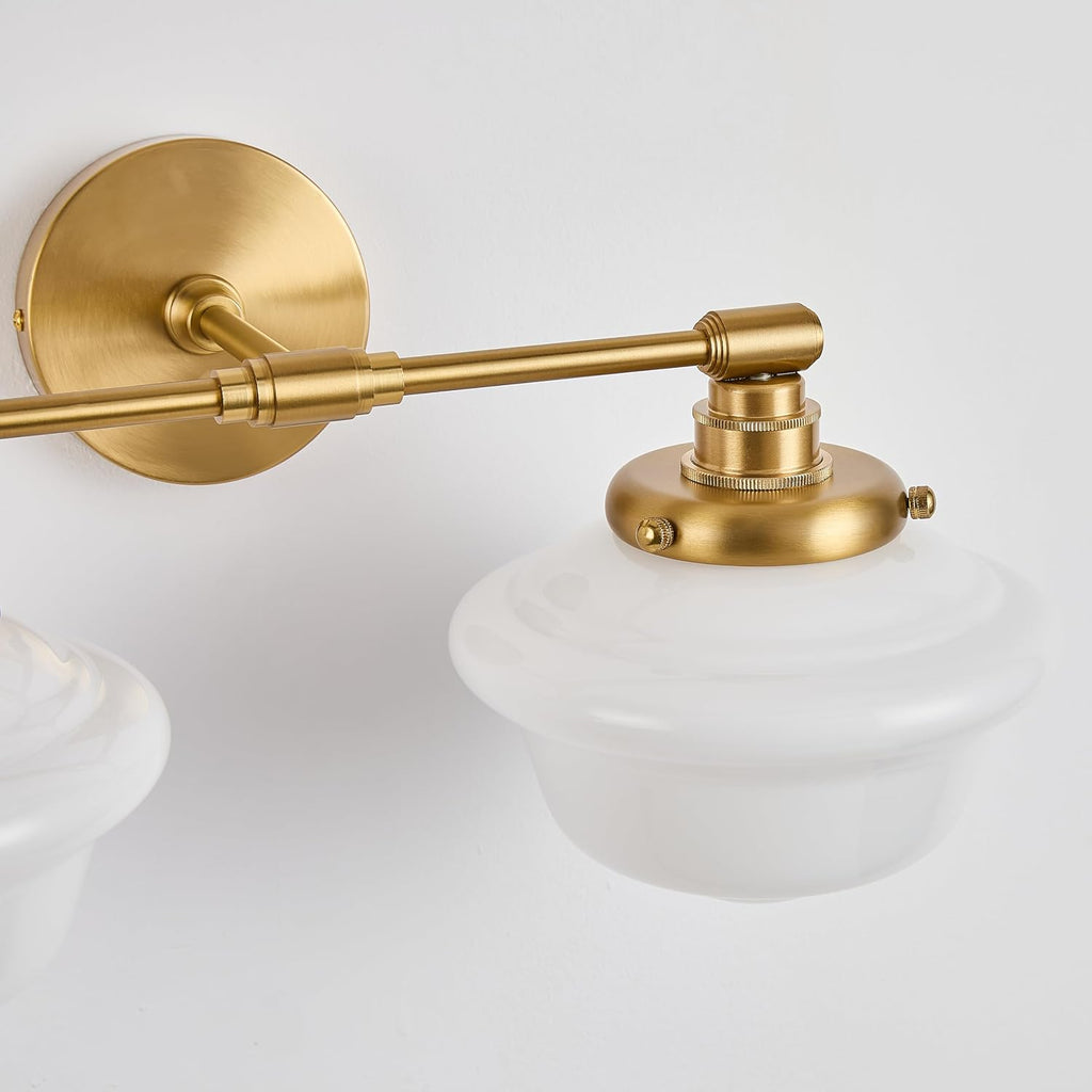 FCTWAKS 2-Light Vintage Bathroom Vanity Light, Schoolhouse Light Fixture - Brushed Gold with Milk Glass Shades, Modern Farmhouse Wall Sconce