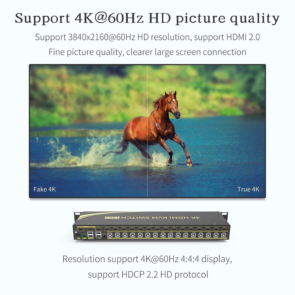 eKL 16 Port HDMI KVM Switch Supports Hotkeys Switching up to 4K@60Hz 4:4:4 16 PCs Laptops Sharing with One Set of Keyboard and Mouse