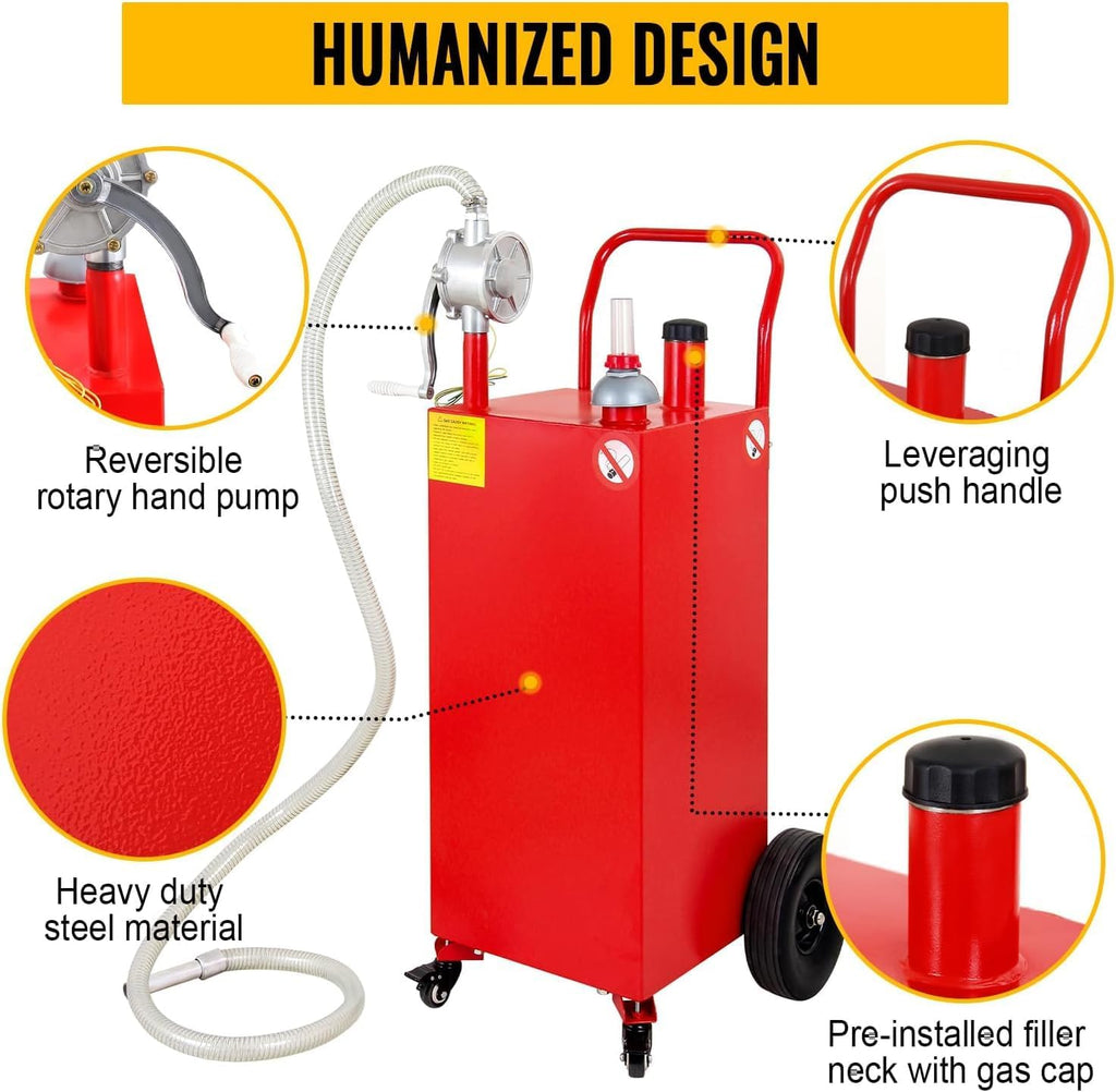 Gas Caddy Fuel Tank Gasoline container Diesel portable gas tank w/pump Rolling & Solid Rubber Wheels for Weeder,Snow blower,Pickup truck,ATV,Water Scooter,Yacht,UTV,Motorcycle (35 Gallon Red)