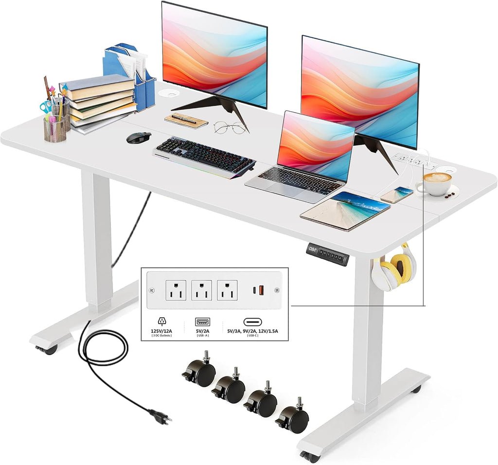 Electric Adjustable Height Standing Desk, 55×24 Inches Sit Stand Desk with Power Socket, 2 USB Ports, 3 Power Outlets, 4 Wheels,4 Memory Buttons Home Office Computer Workstations(White)