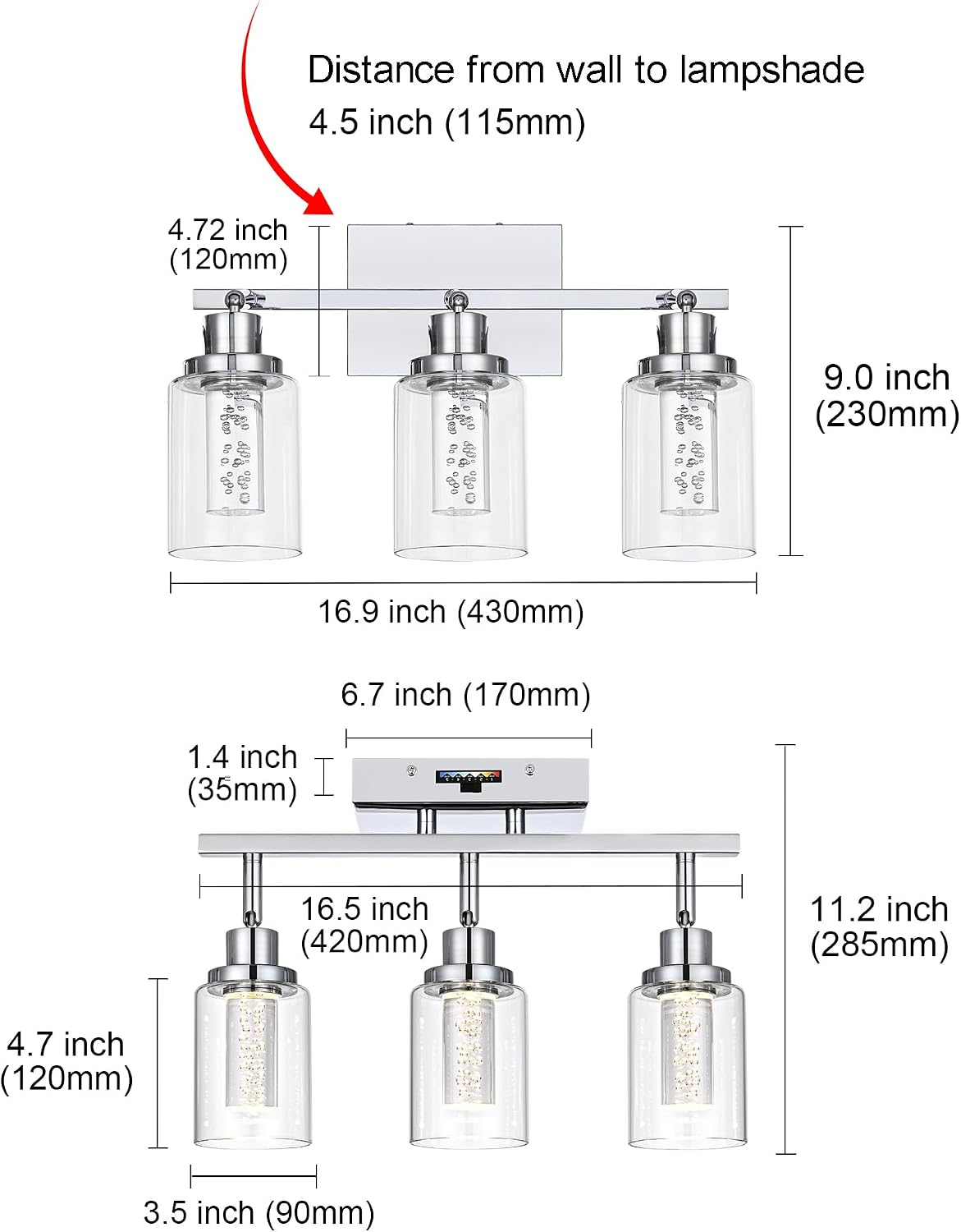 MELUCEE 5-Color Dimmbale LED Track Lighting Kit Chrome Ceiling Mount 3-Light Wall Scones Rotatable Spotlight Ceiling Light Fixture, Kitchen Track Lighting Bathroom Vanity Fixtures, Clear Glass