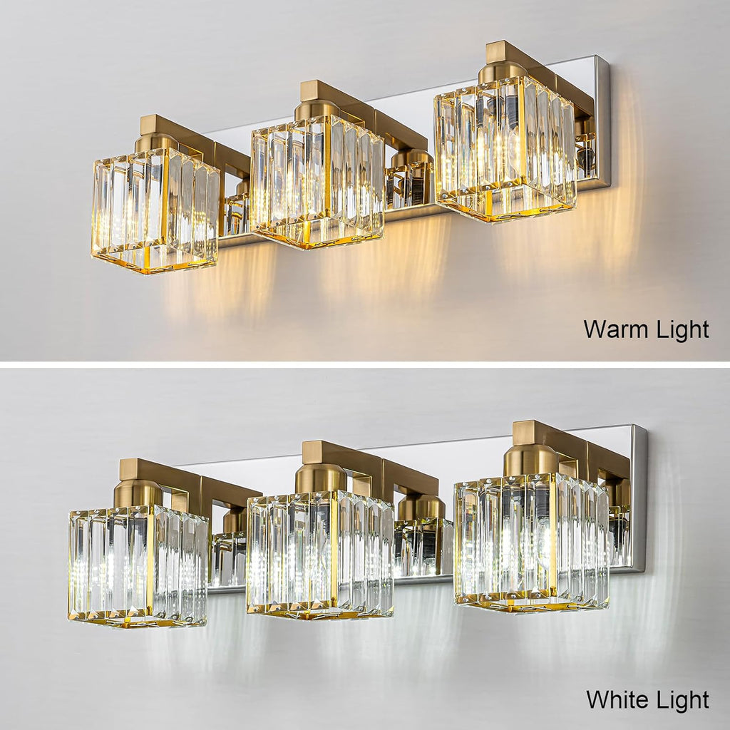 Gold Chrome Crystal Bathroom Light 3-Light Modern Bathroom Vanity Light Fixtures Over Mirror Wall Sconce